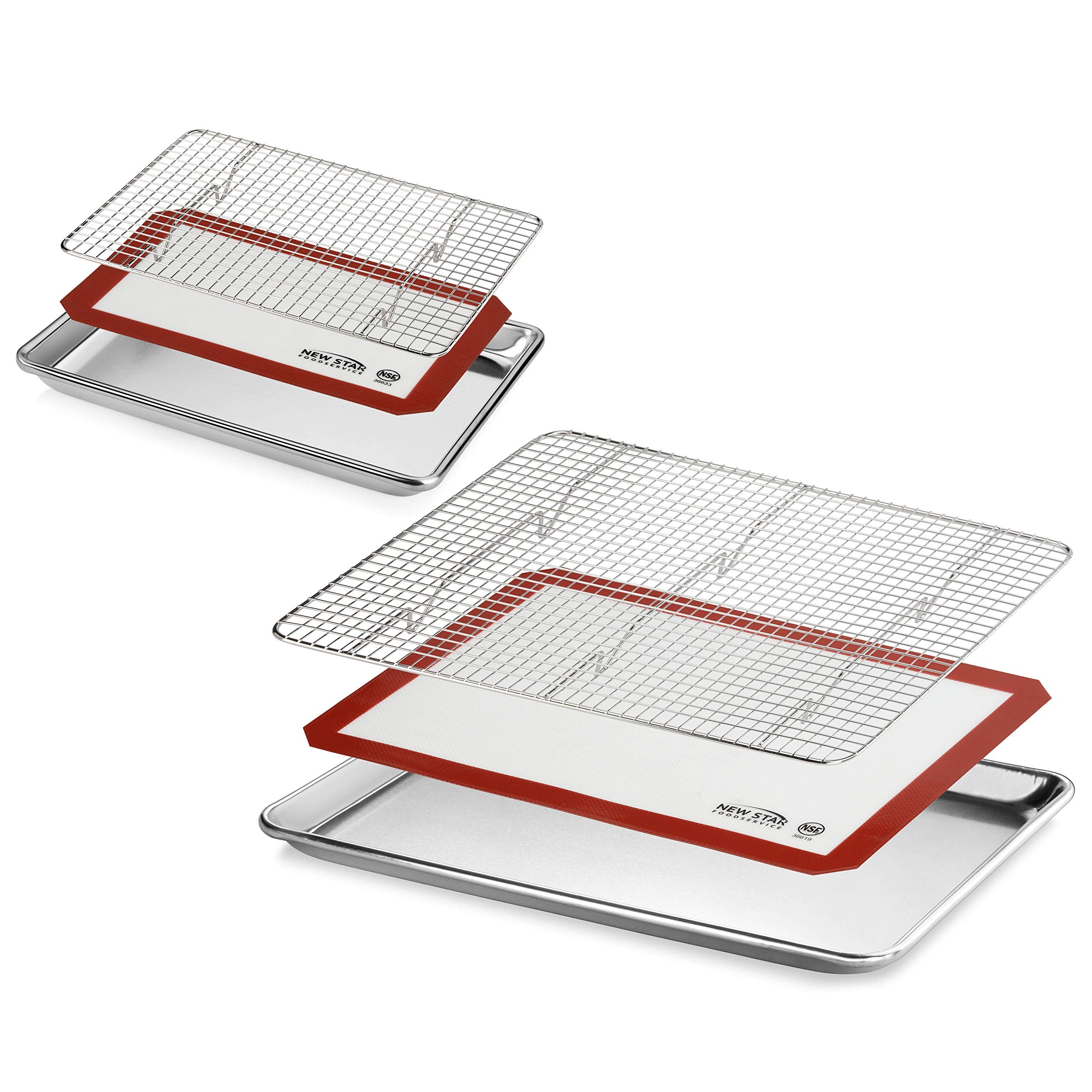New Star Foodservice 1028751 Commercial-Grade Bun Pan/Baking Sheet, Baking Mat, Cooling Rack Combo, 1/4 And 1/2 Sizes Each
