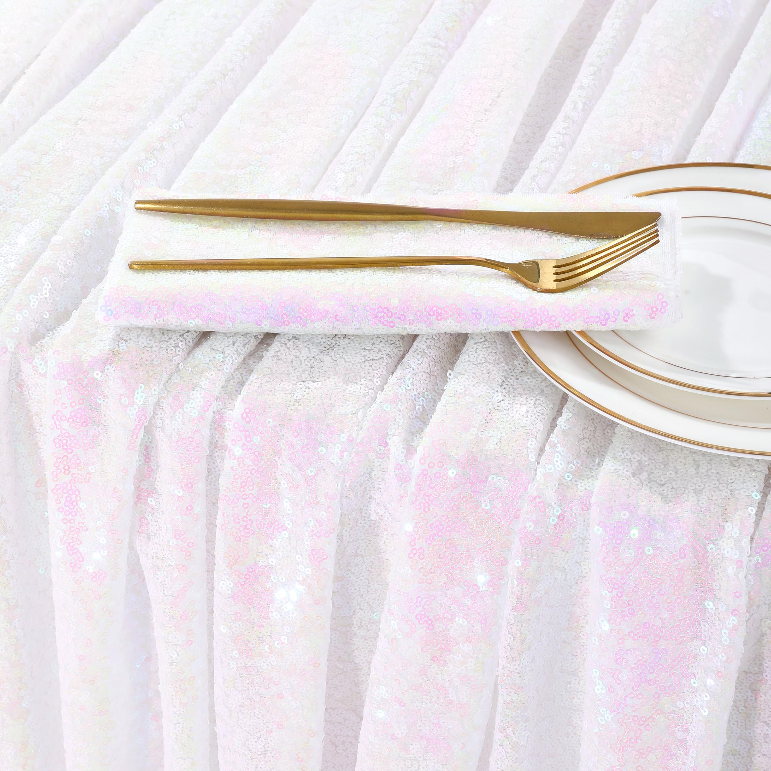 Queendream Sparkly Sequin Tablecloth - White Iridescent Table Cloth 50X80 Inches Rectangle Table Overlay Fabric For Birthday Par