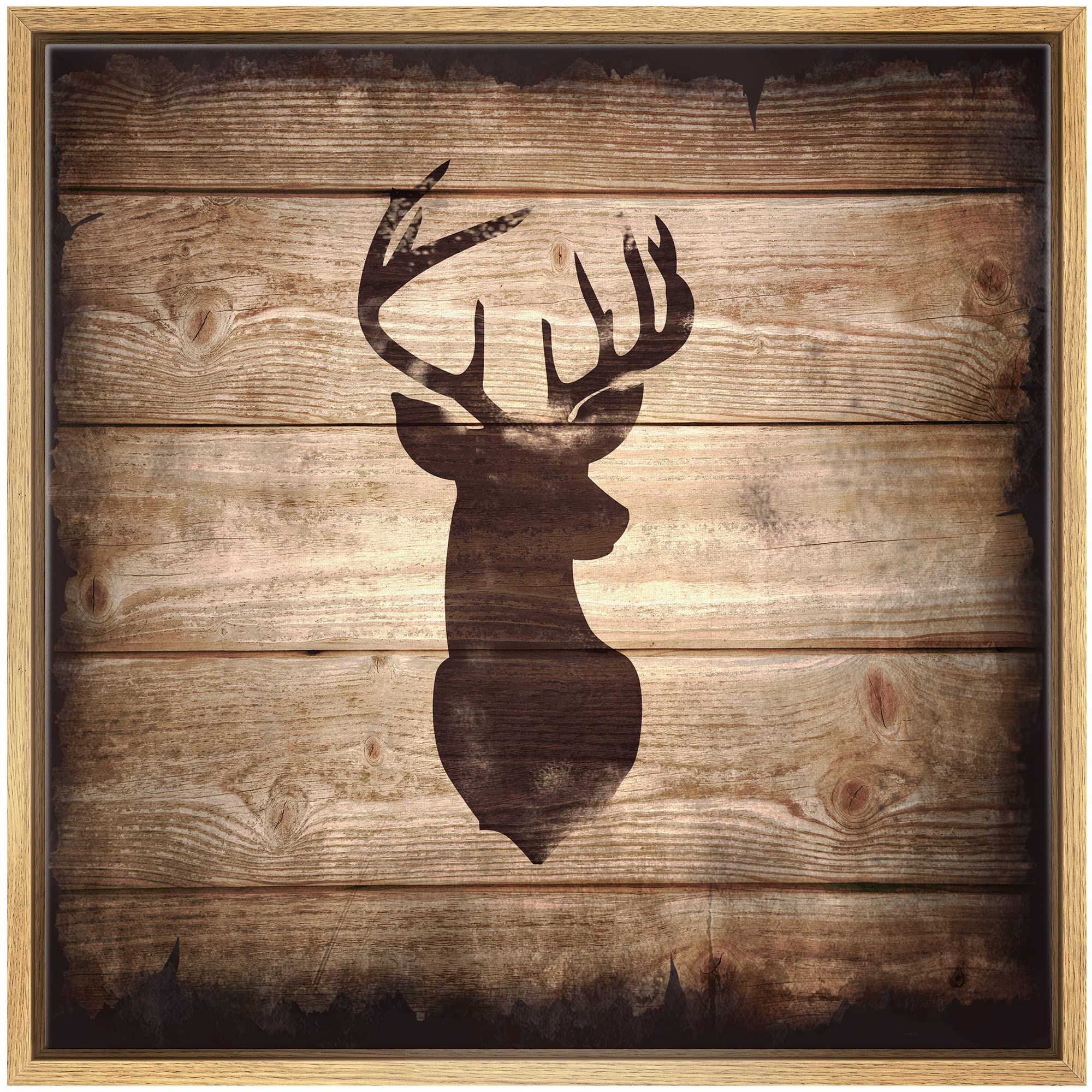 Wall26 - Square Framed Canvas Wall Art - Deer With Antler Silhouette On Rustic Wood Board Texture Background - Giclee Print Gall