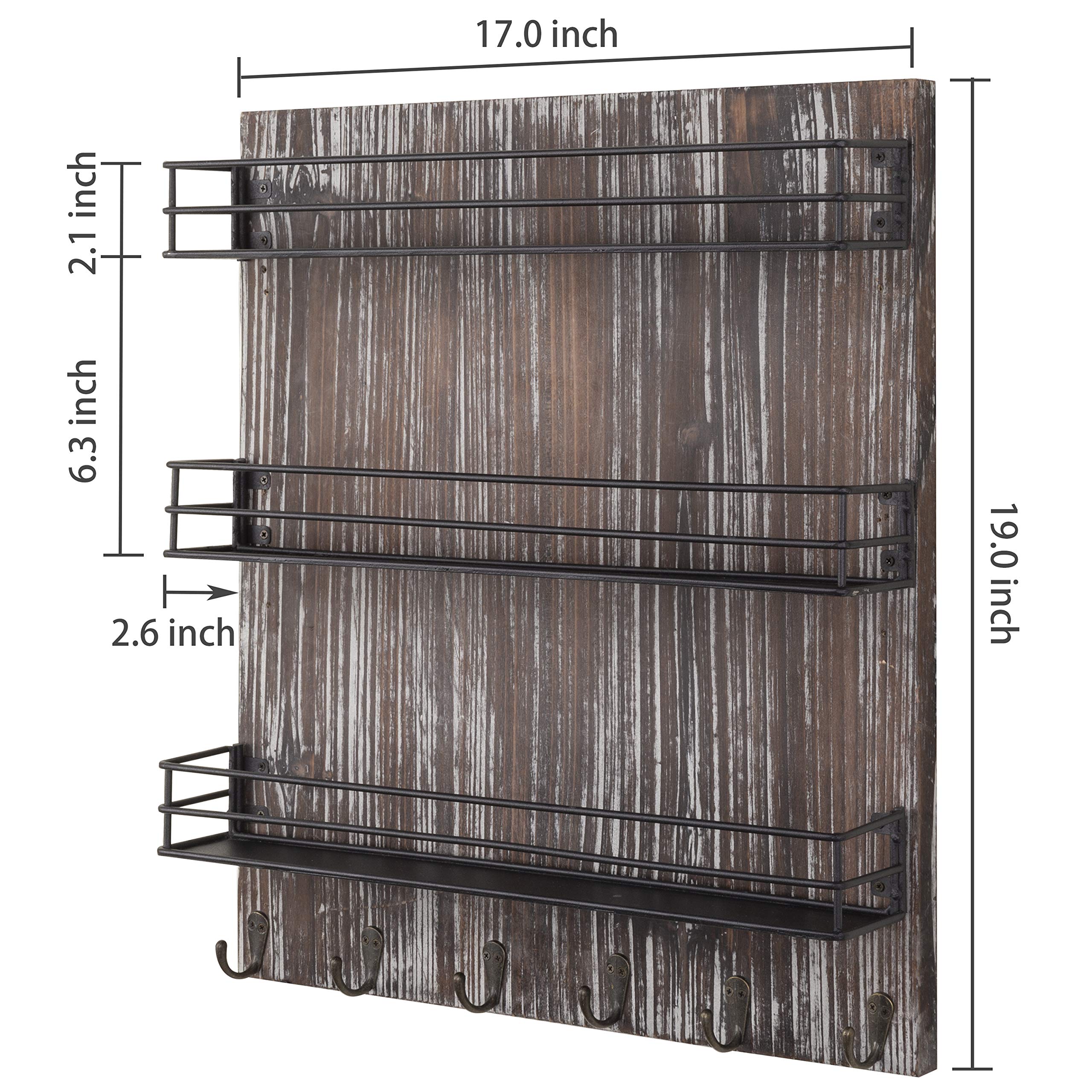 MyGift 3 Tier Black Metal Wire Kitchen Spice Rack Organizer with Torched Wood Wall Mount and 6 Hooks, Seasoning Jars and Hanging