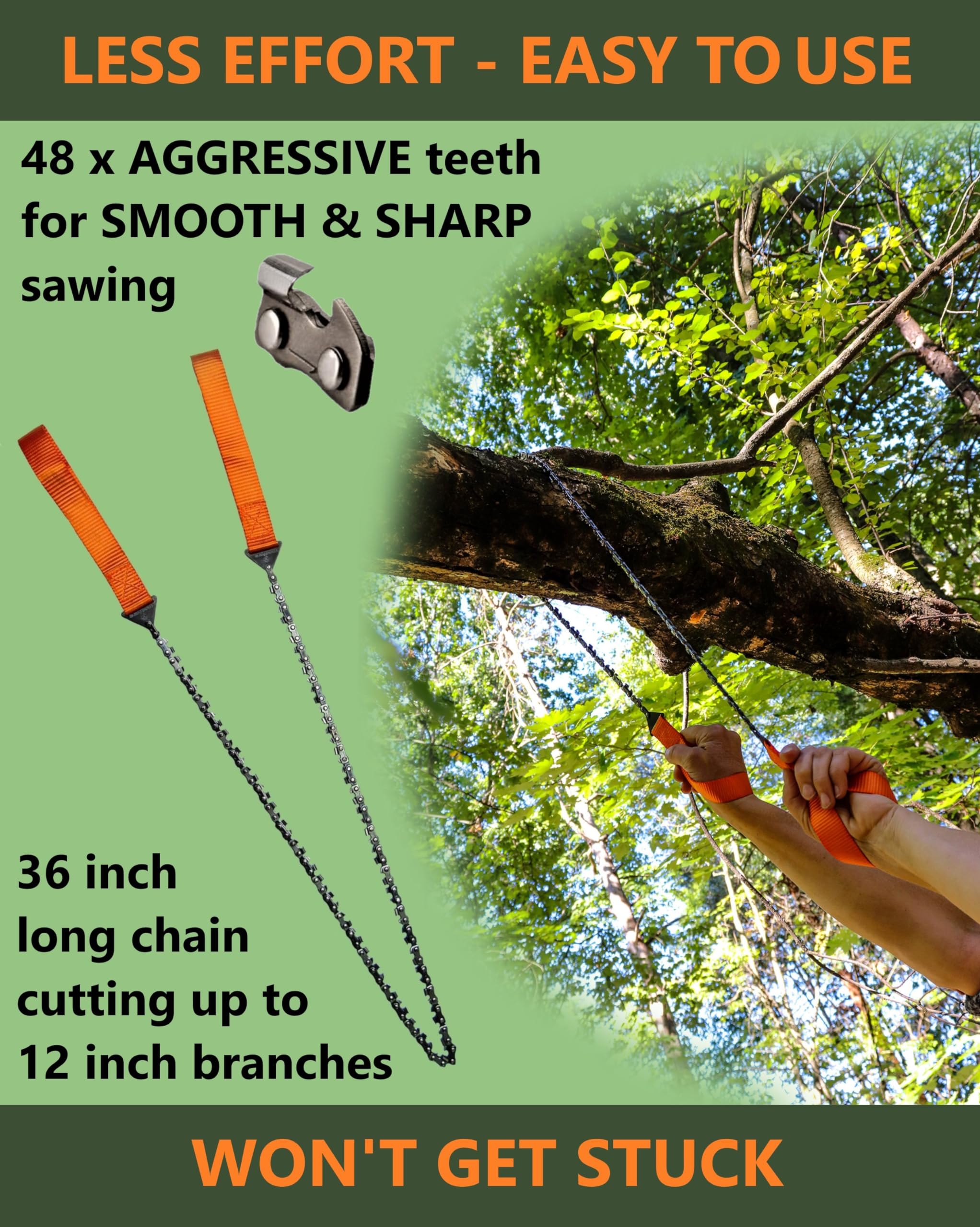 Roadfare Pocket Chainsaw - 36 Inch Hand Saw With 48 Bidirectional Teeth - Camping And Survival Chain Saw For Fast Easy Cutting -