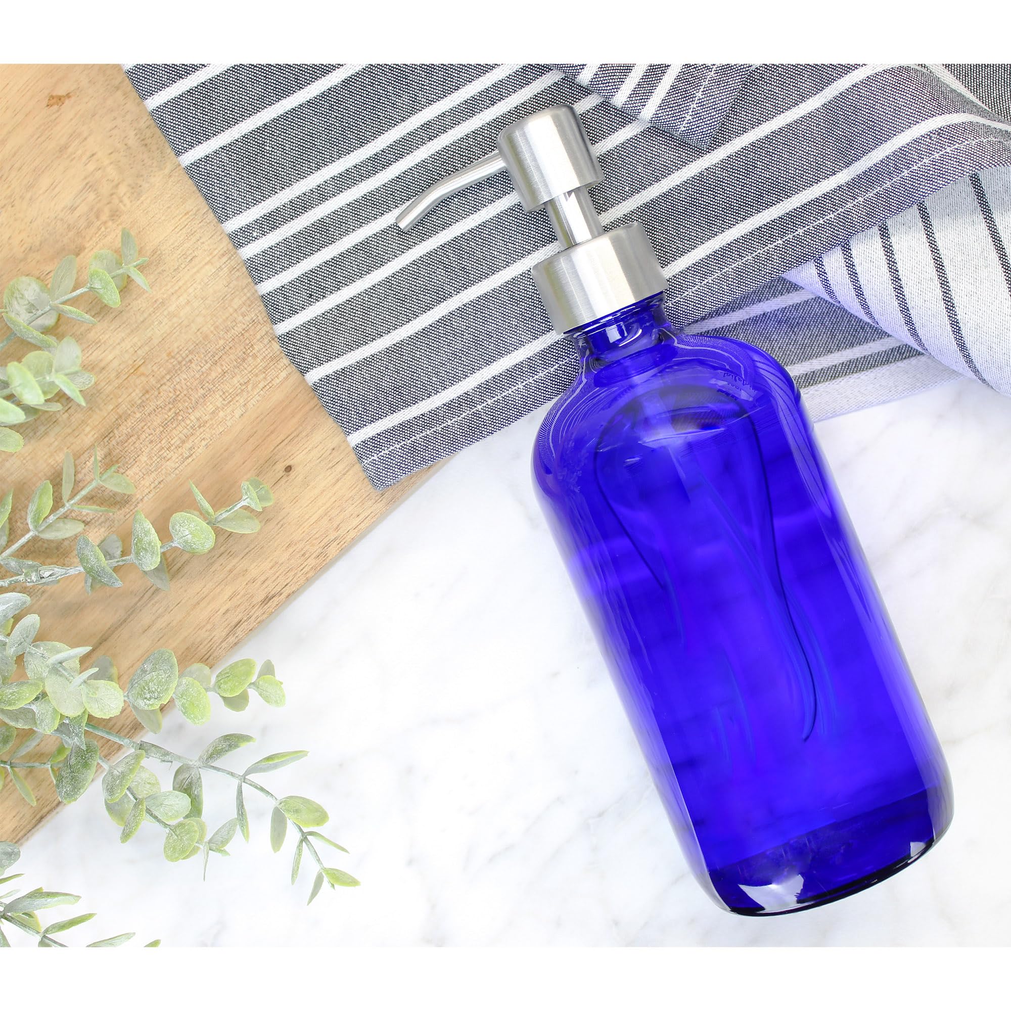 Cornucopia 16-Ounce Cobalt Blue Glass Bottles W/Stainless Steel Pumps (2-Pack), Soap Dispenser W/Lotion Pumps For Essential Oils