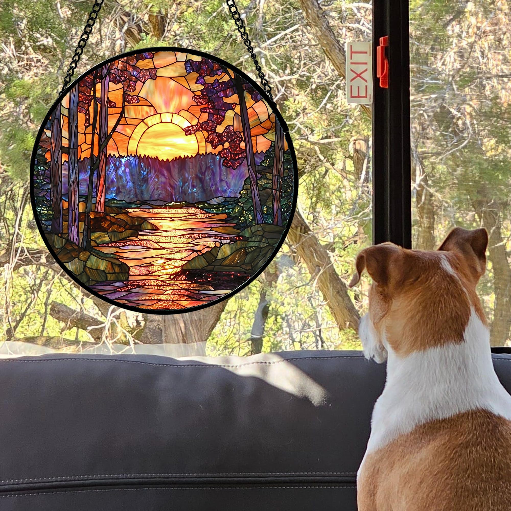 JOSUMALY Stained Glass Window Hanging, Orange Landscape Green Purple Lake Forest Suncatcher for Doors Window Home Sun Catchers D