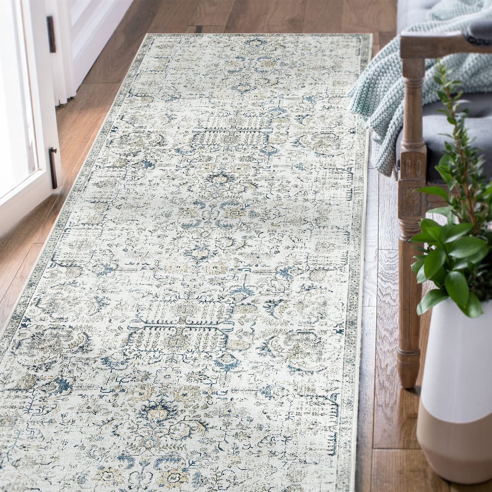 jinchan Runner Rug 2x5 Washable Rug Area Rug Vintage Hallway Indoor Floor Cover Thin Rug Retro Distressed Carpet Blue Multi Flor