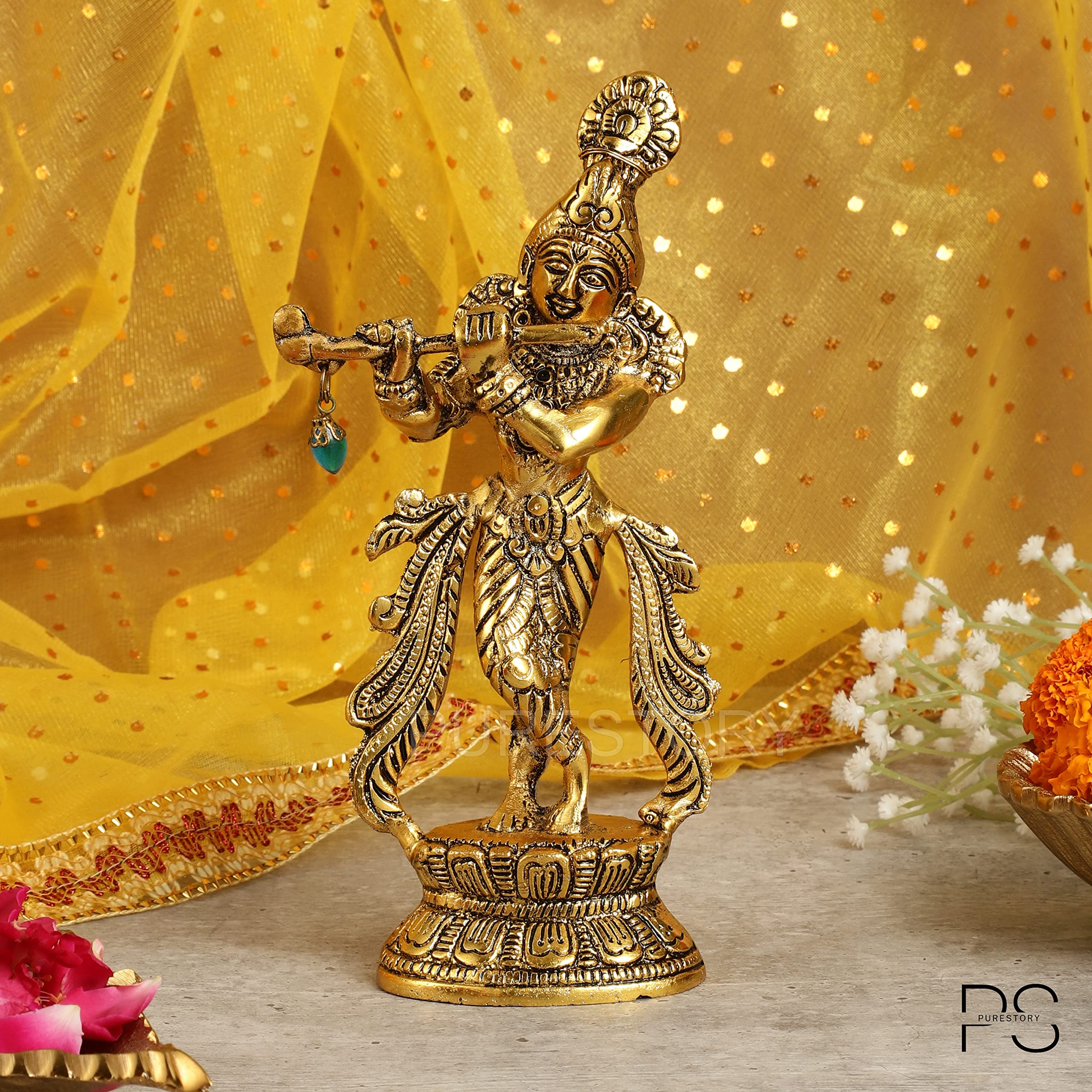 Purestory Lord Krishna Metal Statues | Playing Flute Krishna Figurine | Lord Krishna Idol Statue For Home, Temple, Office, Gifts