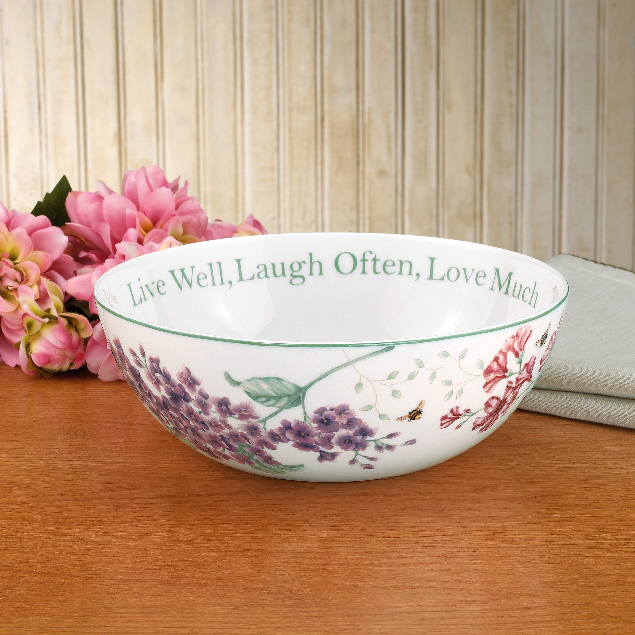 Lenox Butterfly Meadow Live Well, Laugh Often, Love Much Serving Bowl, White -
