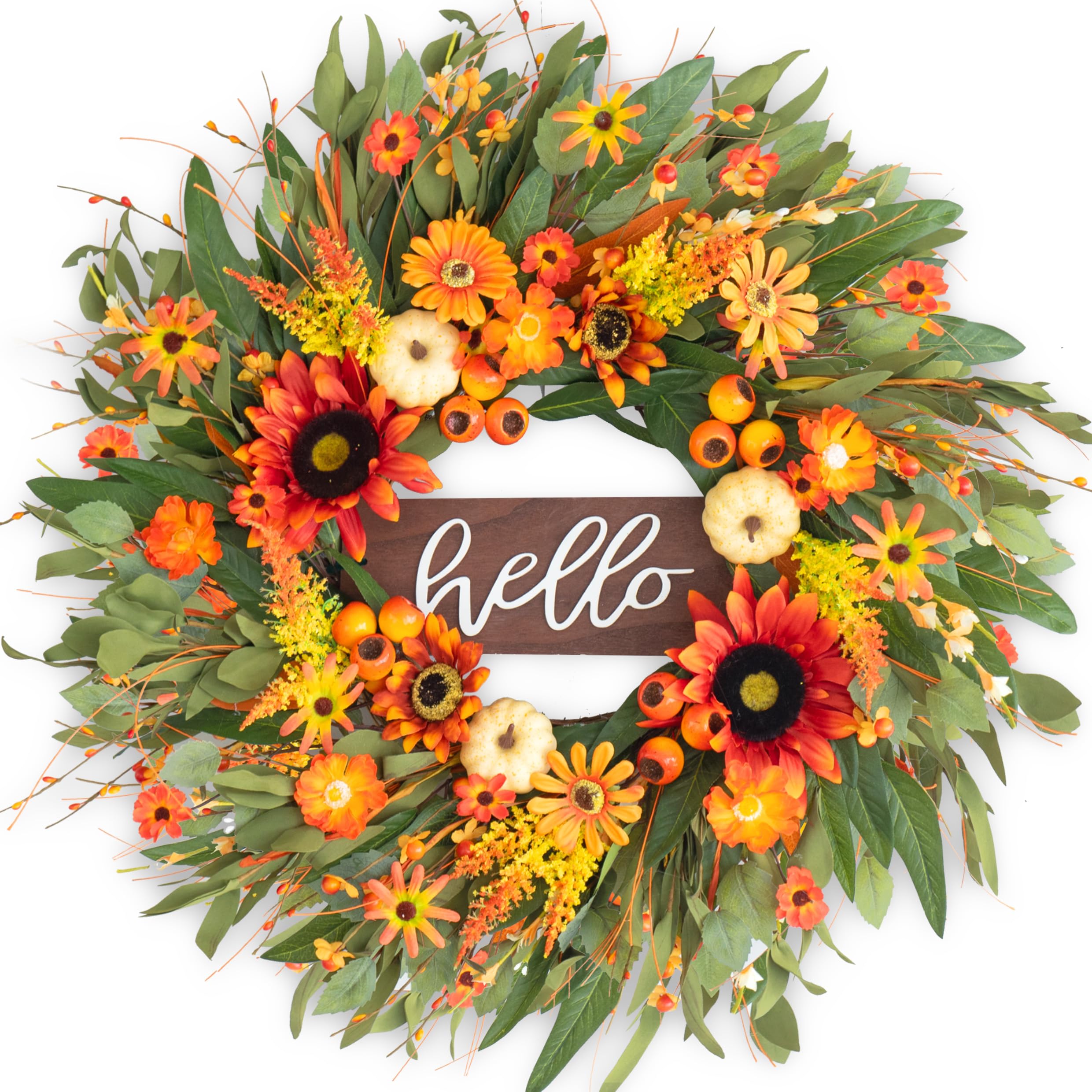 24 Inch Fall Wreaths for Front Door Outside- Pinkpuii Artificial Autumn Wreath with Sunflowers,Pumpkins & Hello    Sign- Lifelik