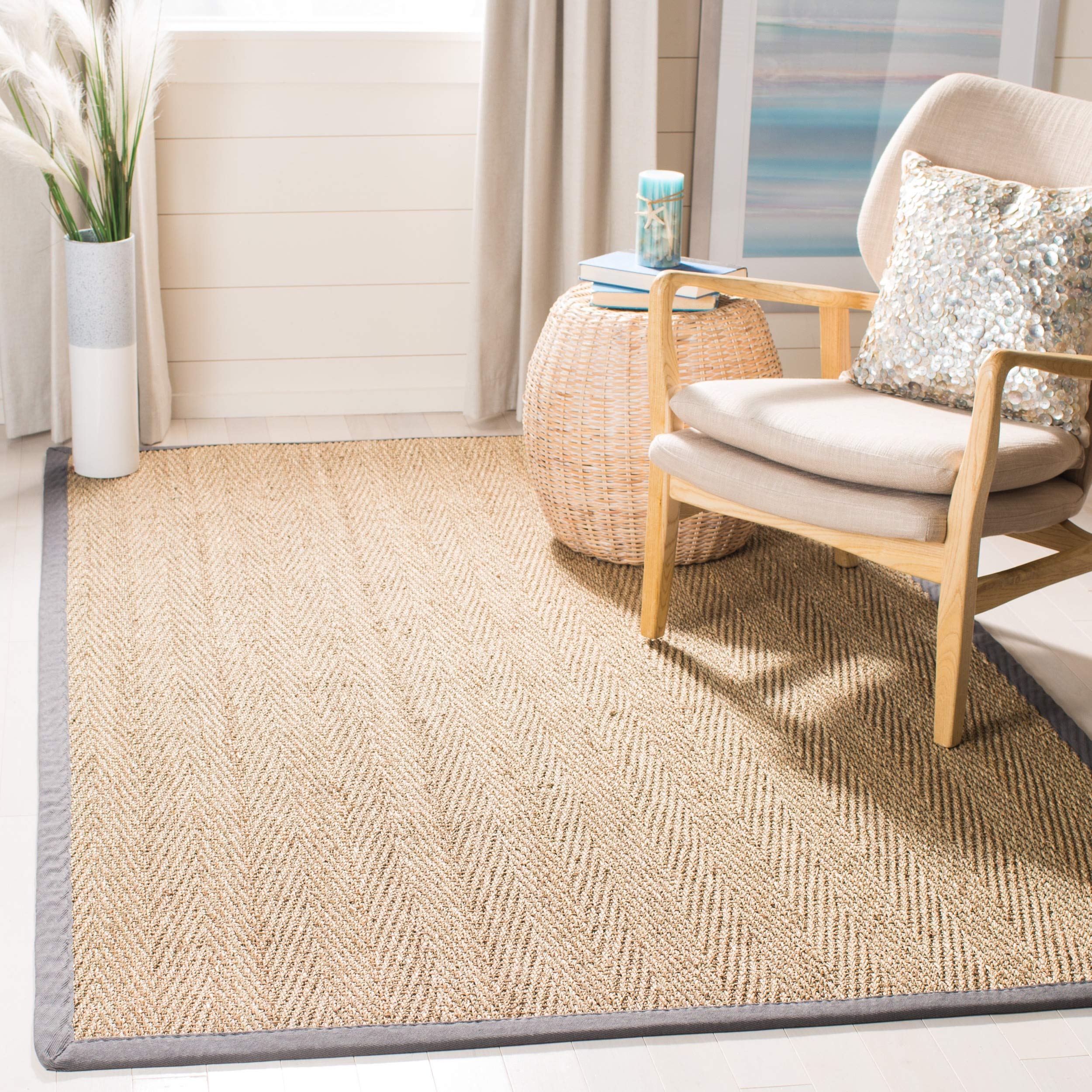 SAFAVIEH Natural Fiber Collection 6 Square Dark Grey NF115Q Border Herringbone Seagrass Area Rug