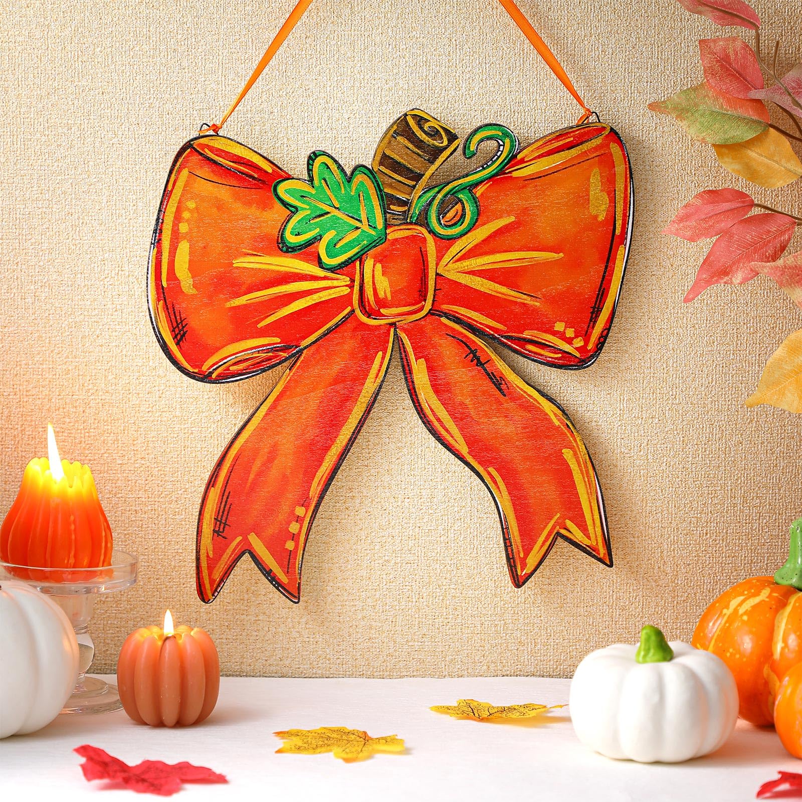 RattanView Preppy Pumpkin Bow Wooden Hanging Sign Thanksgiving Bowknot Wall Hanging Fall Coquette Bow Welcome Door Sign Girly De