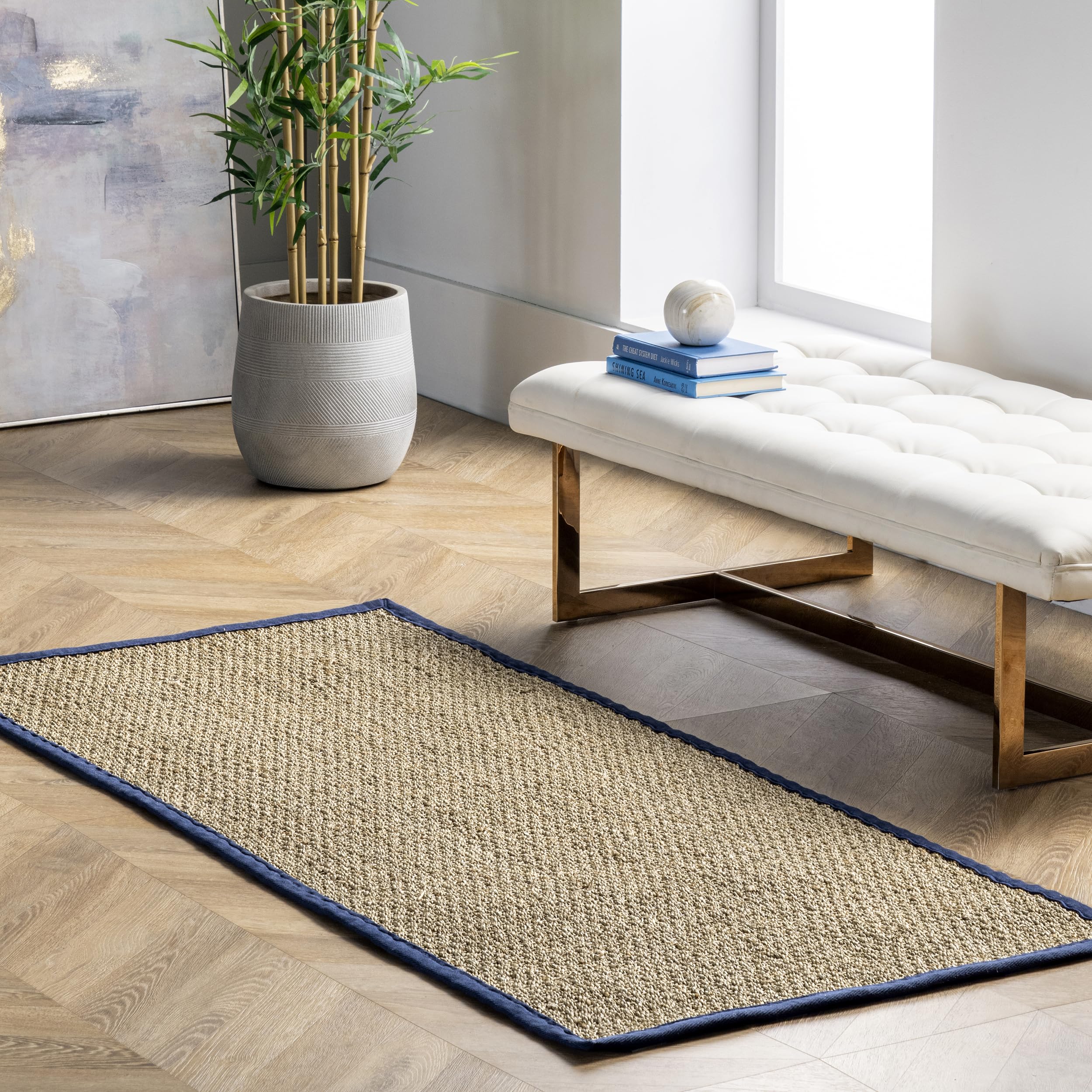nuLOOM 2x6 Elijah Seagrass Area Rug, Navy, Solid Farmhouse Style, Cotton Bordered, Basketweave, Natural Fiber, For Bedroom, Dini