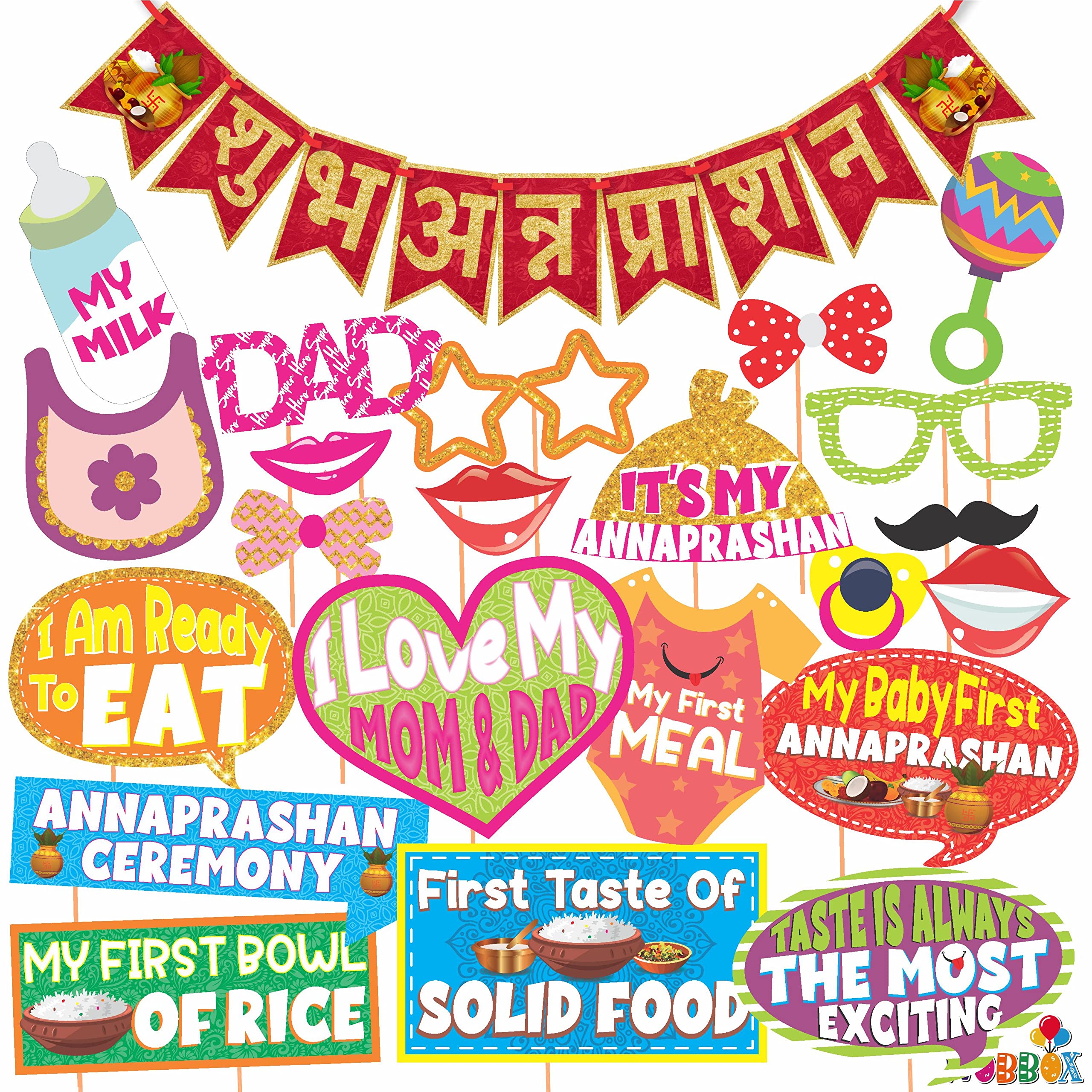 WOBBOX Annaprashan Photo Booth Party Props with Bunting Banner Hindi Shubh Red & Golden Color Font, Decoration Item
