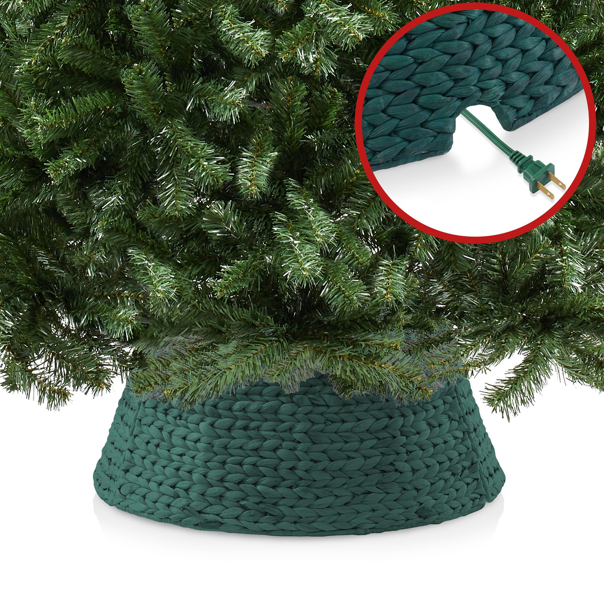 Casafield 24-Inch Christmas Tree Collar, Woven Water Hyacinth Tree Base Cover with Cord Cut Out, Green
