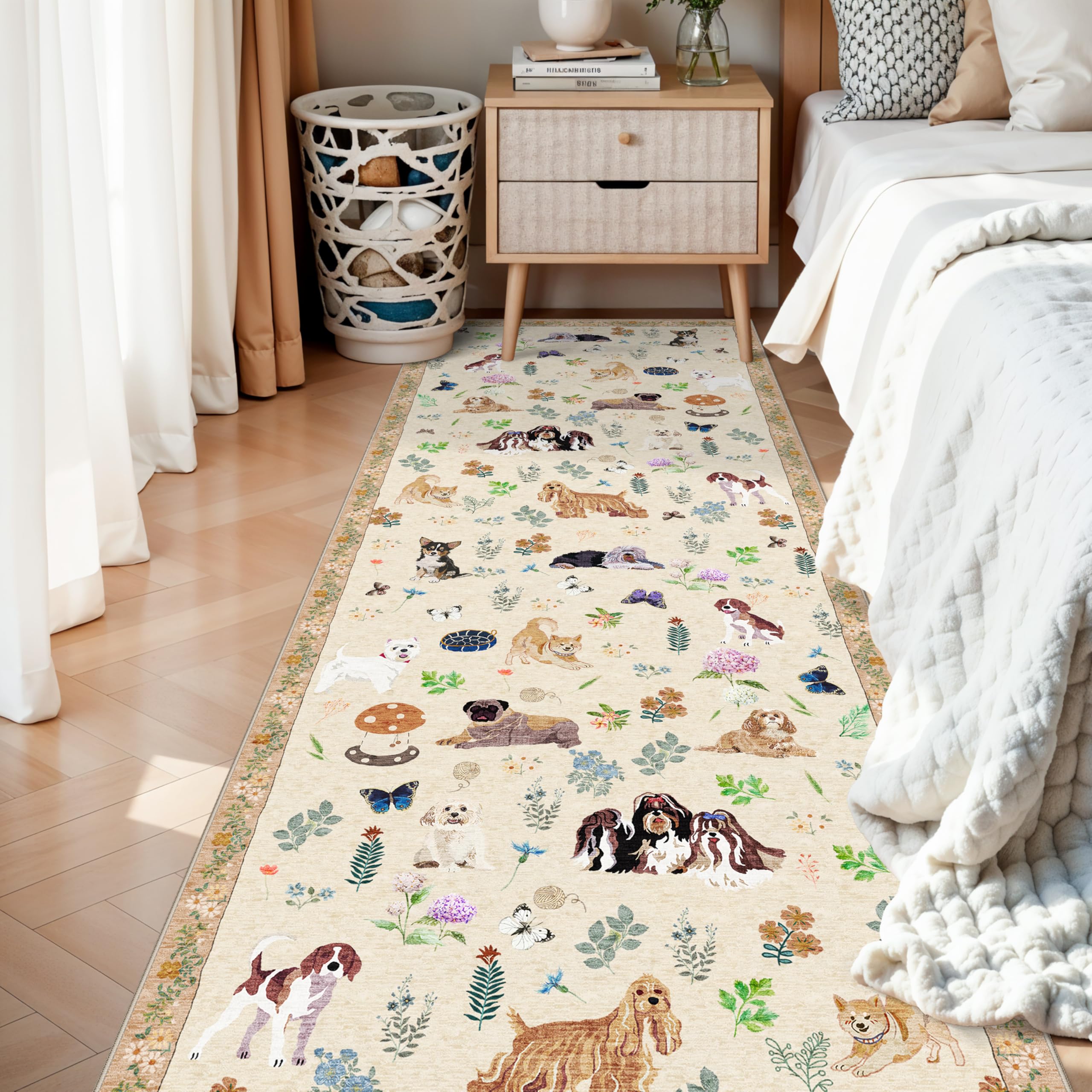 Washable 3x10 Dog Hallway Runners: Cute Printed Soft Carpet for Kitchen Hardwood Floor Pet Friendly Rug Farmhouse Non-Slip Floor