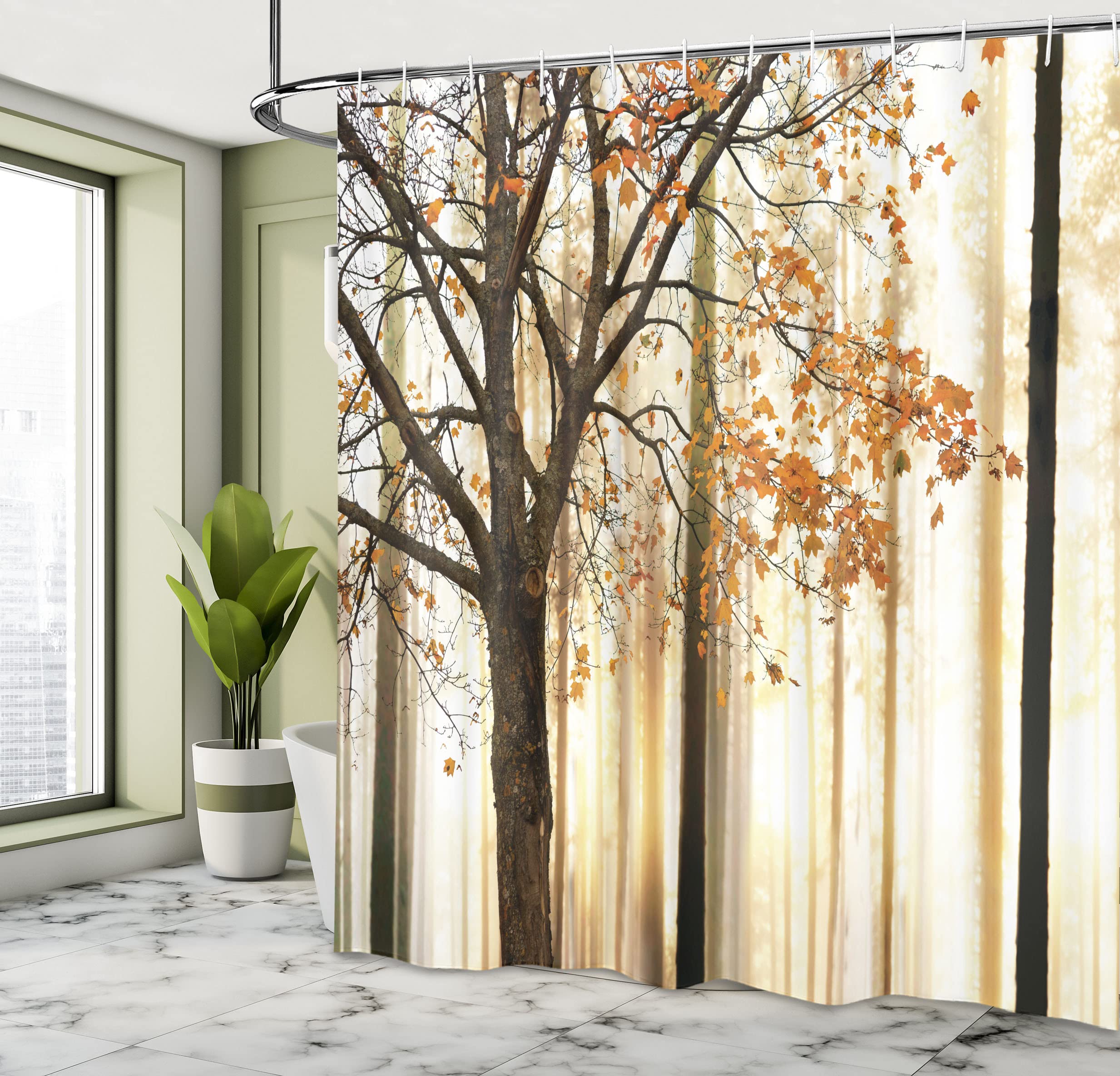 Ambesonne Autumn Shower Curtain, Fall Season Theme Picture Of A Forest Tree Leaves An Abstract Woodland Background Print, Cloth