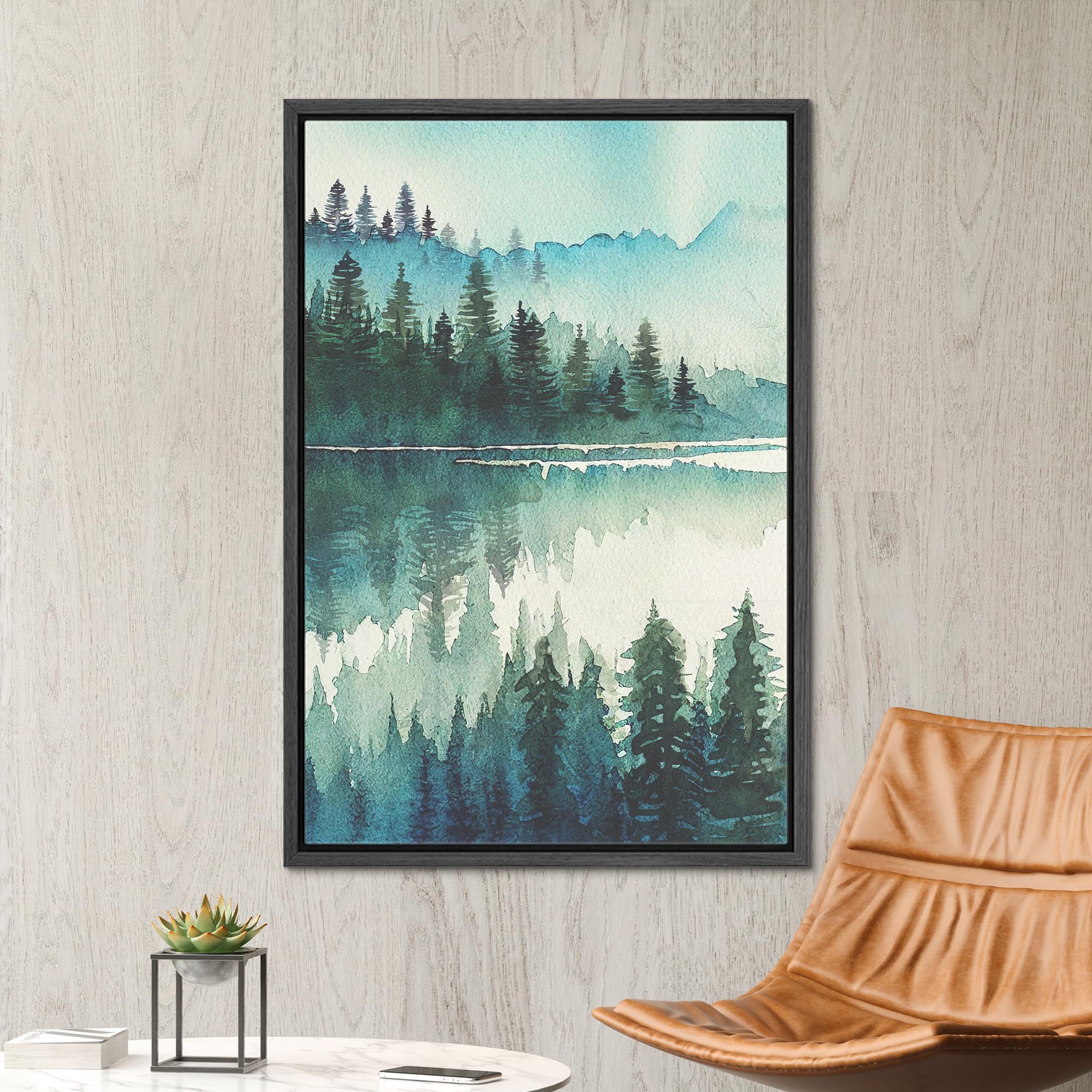 Signwin Framed Canvas Print Wall Art Teal Pastel Mountain Range Lake Nature Landscape Prints Minimalist Modern Art Woodland Nurs