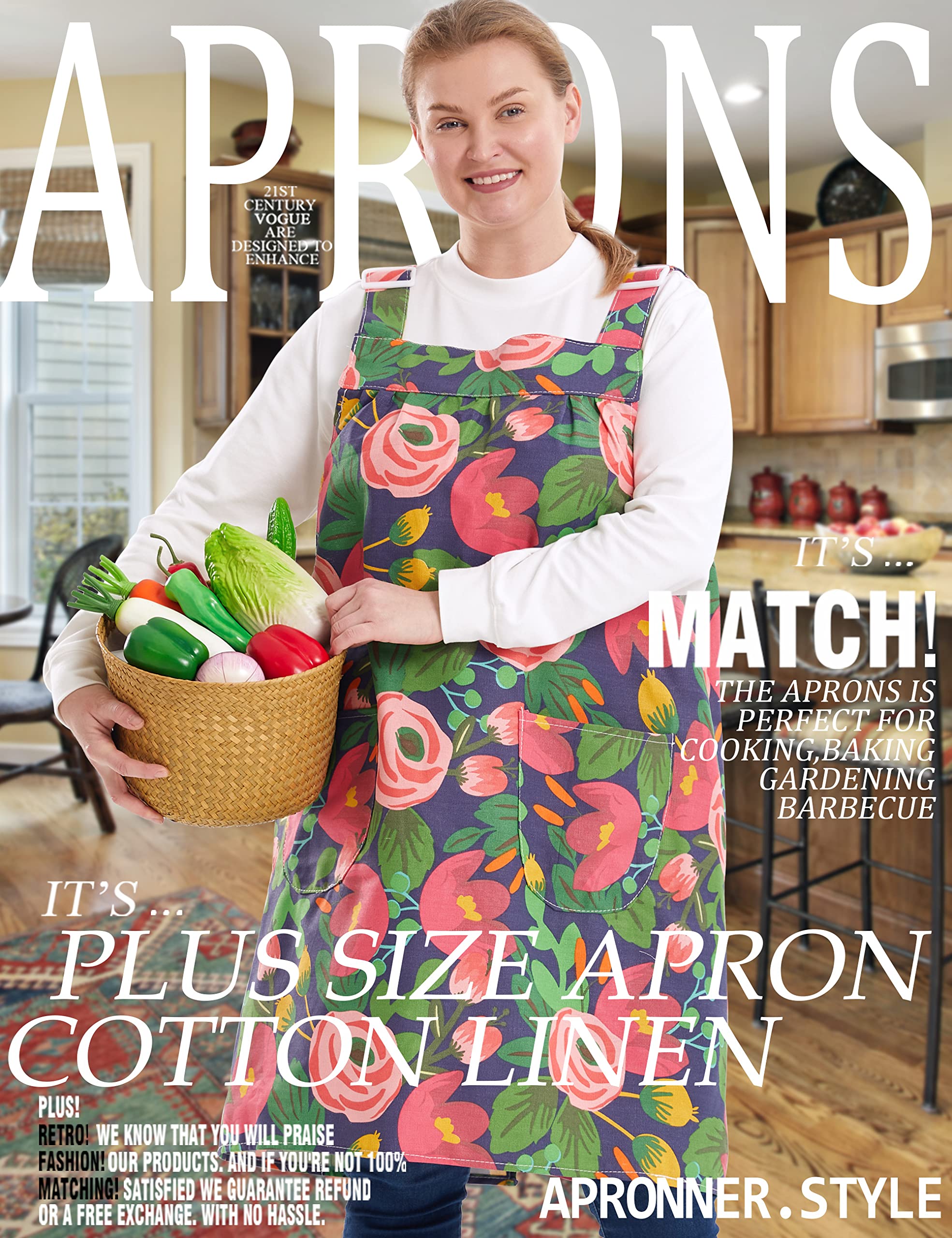 Apronner No Ties Plus Size Aprons For Women With Pockets Cotton Linen Baking Kitchen Cooking Red Tulip