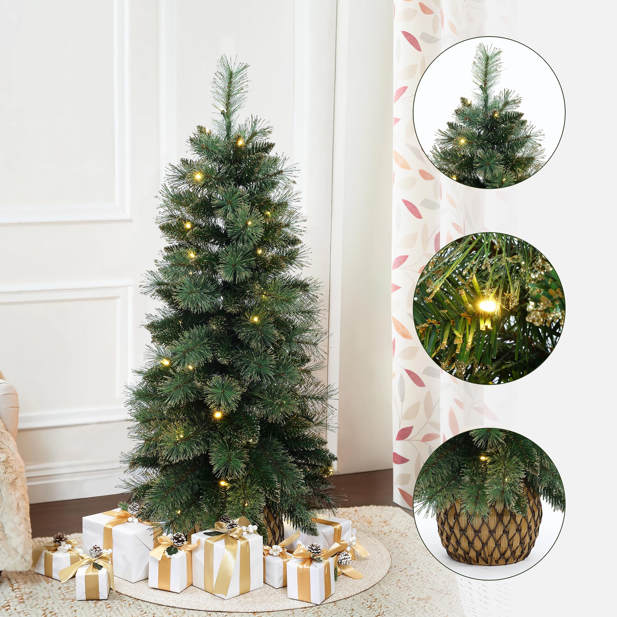 LuxenHome 4FT Small Christmas Tree, Prelit Slim Potted Artificial Christmas Trees with 50 Warm White LED Lights, Realistic Faux