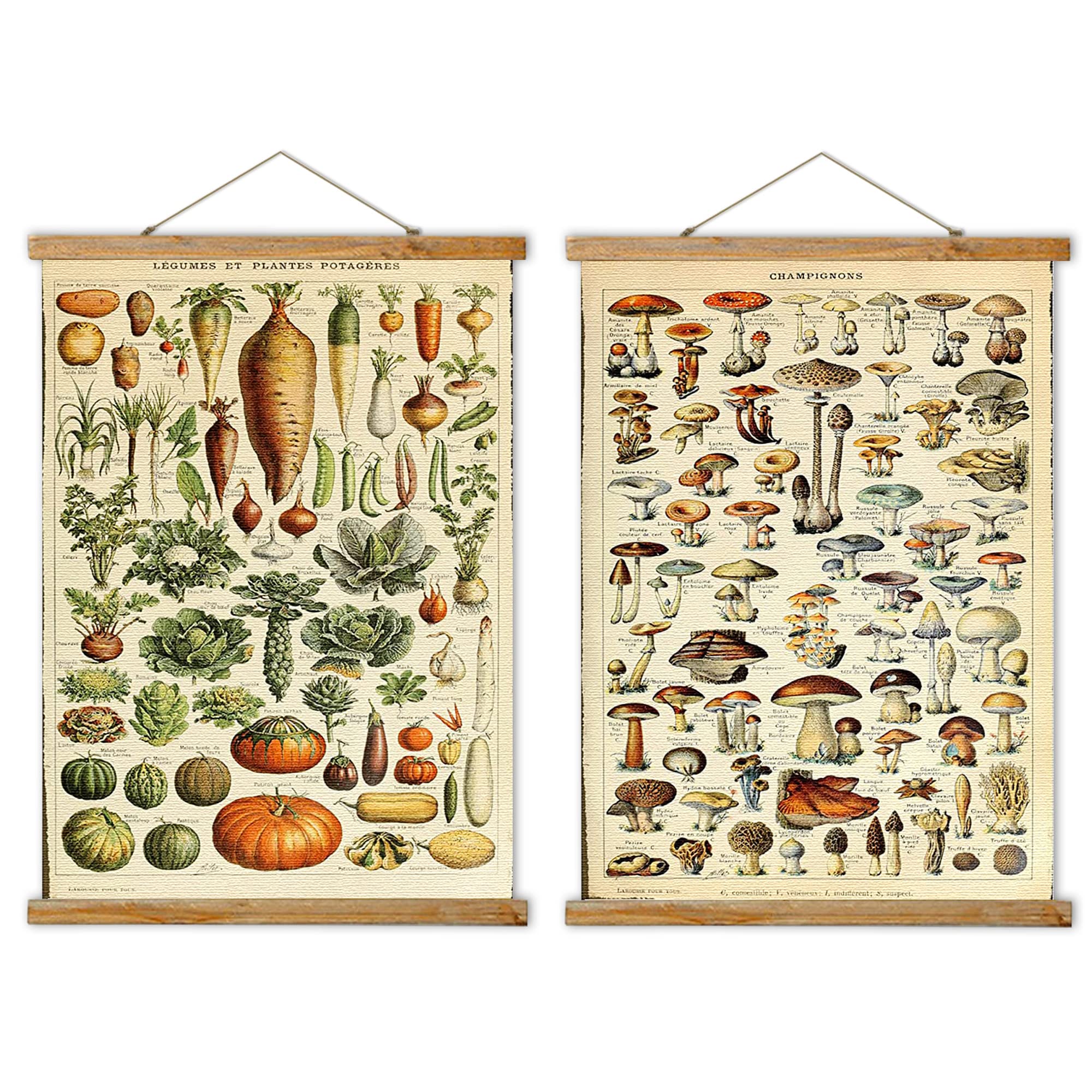 Ovfovy Vintage Mushroom And Vegetable Poster Hanger Frame, Retro Style Wall Art Prints, Printed On Linen With Natural Wooden Fra