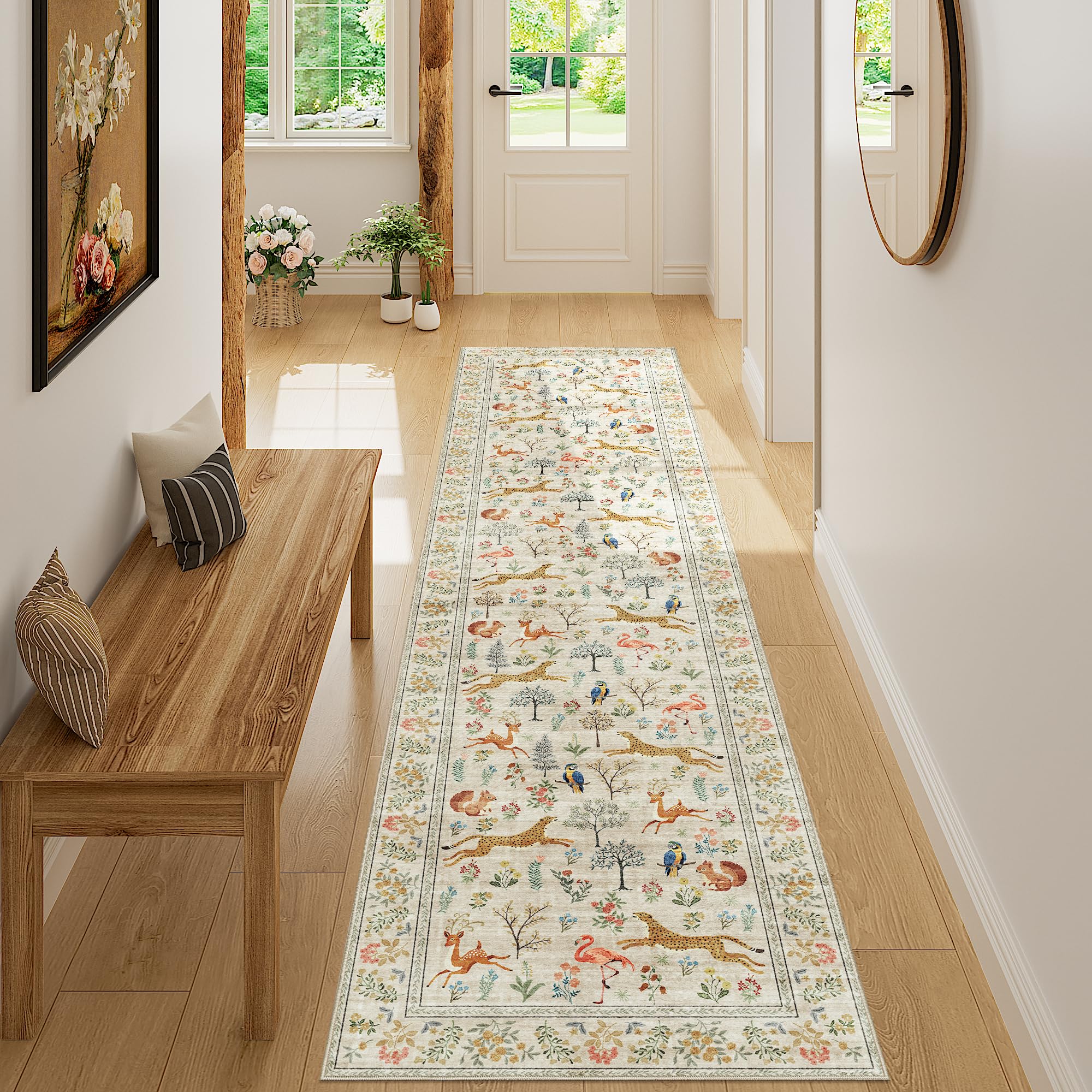DUKINO Runner Rug, 2x8 Washable Kitchen Rugs for Hallways with Non Slip Backing, Soft Low Pile Vintage Animal Runner for Kitchen
