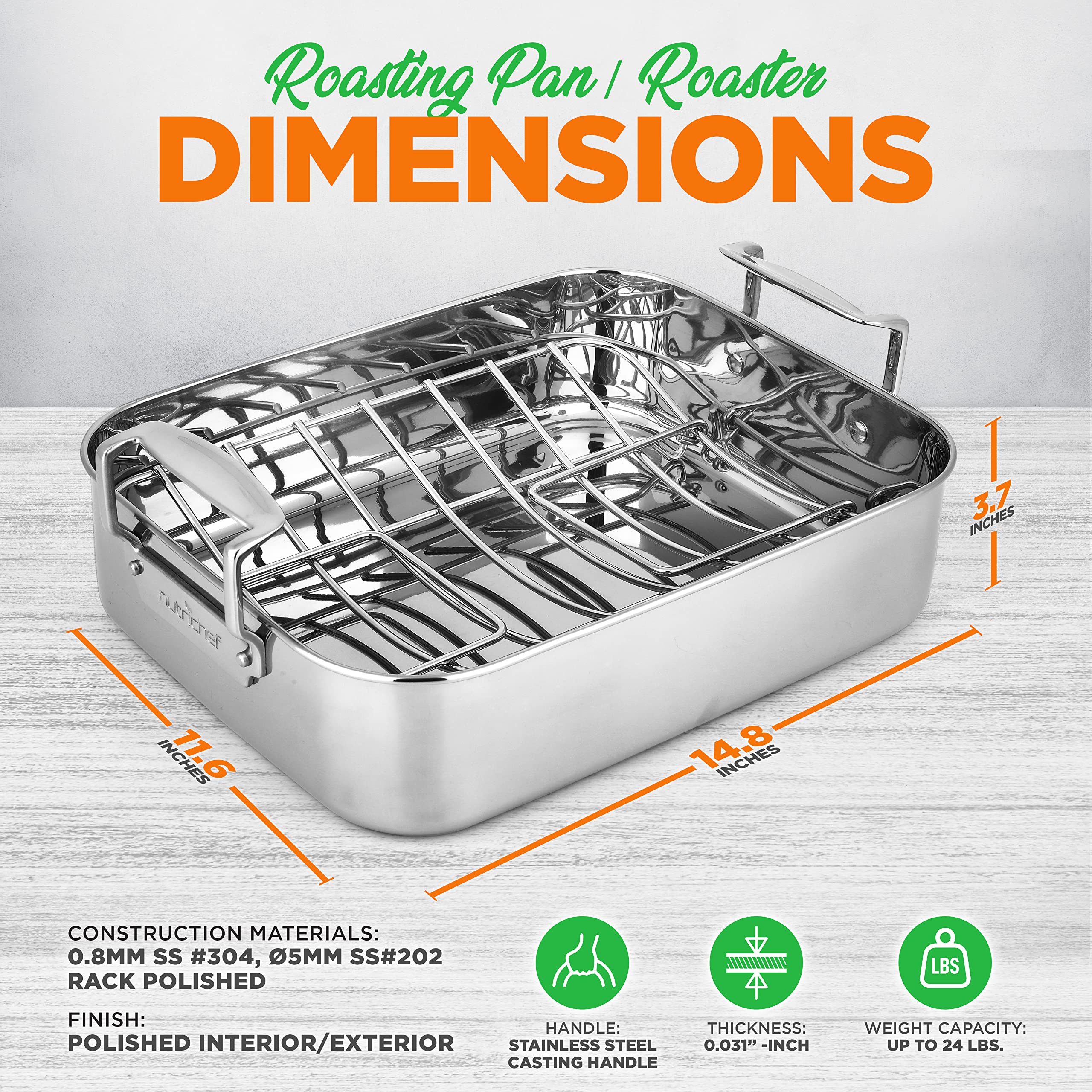 Nutrichef 14-Inch Stainless Steel Kitchen Roasting Pan With Polished Wire Rack - Versatile Baking Set For Turkey, Chicken, Meats