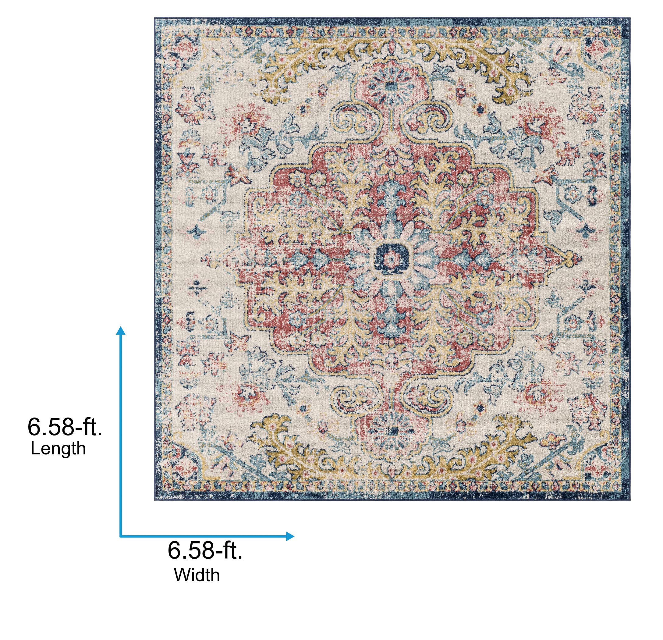 Livabliss Area Rugs - 7x7 Odelia Vintage Boho Aqua Burgandy Blue Square Area Rug for Living Room Bedroom - Floral Medallion Stai