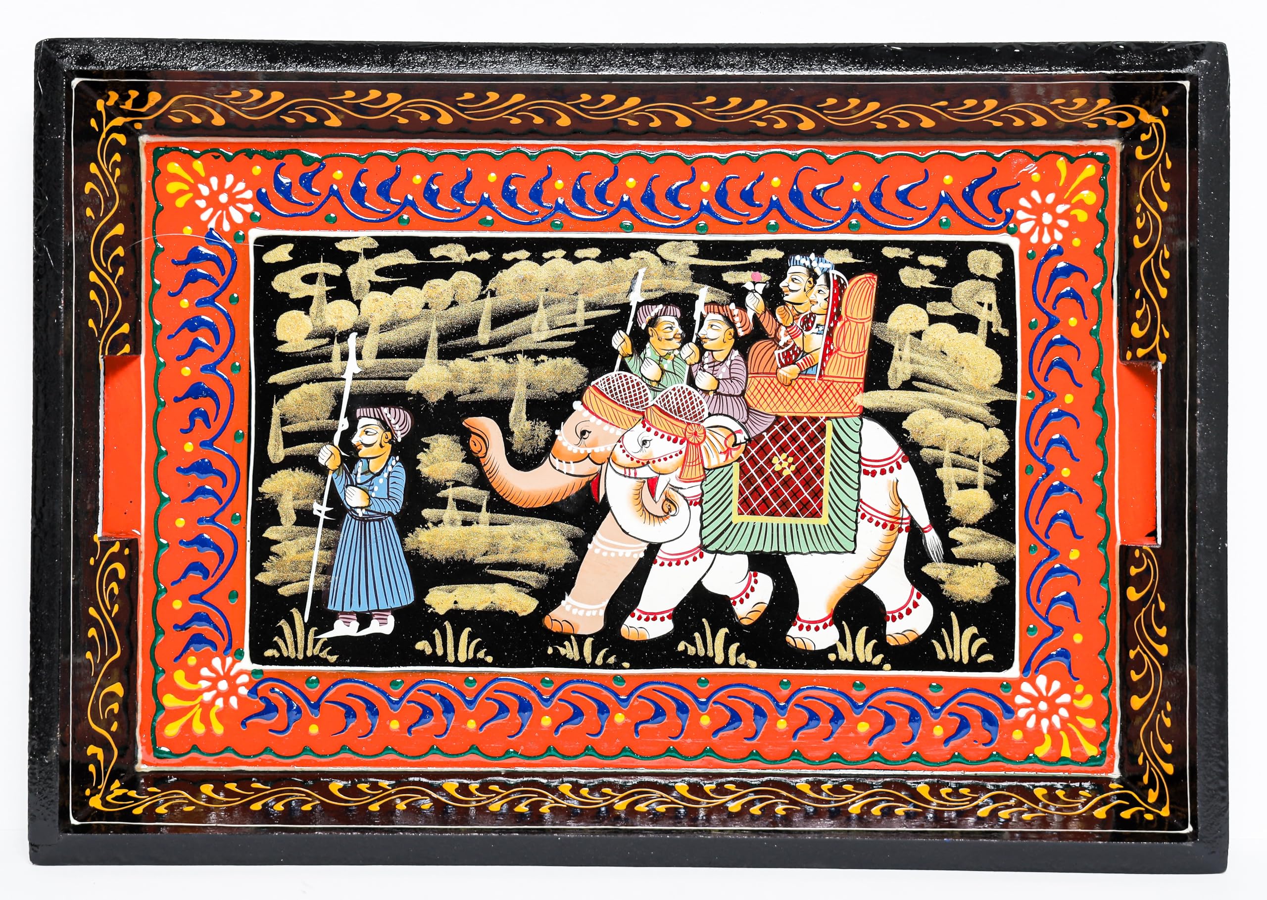 Hastam Traditional Hand Painted Wooden Serving Tray, Folk Art Design, Decorative For Home Decor Gifting (Black)