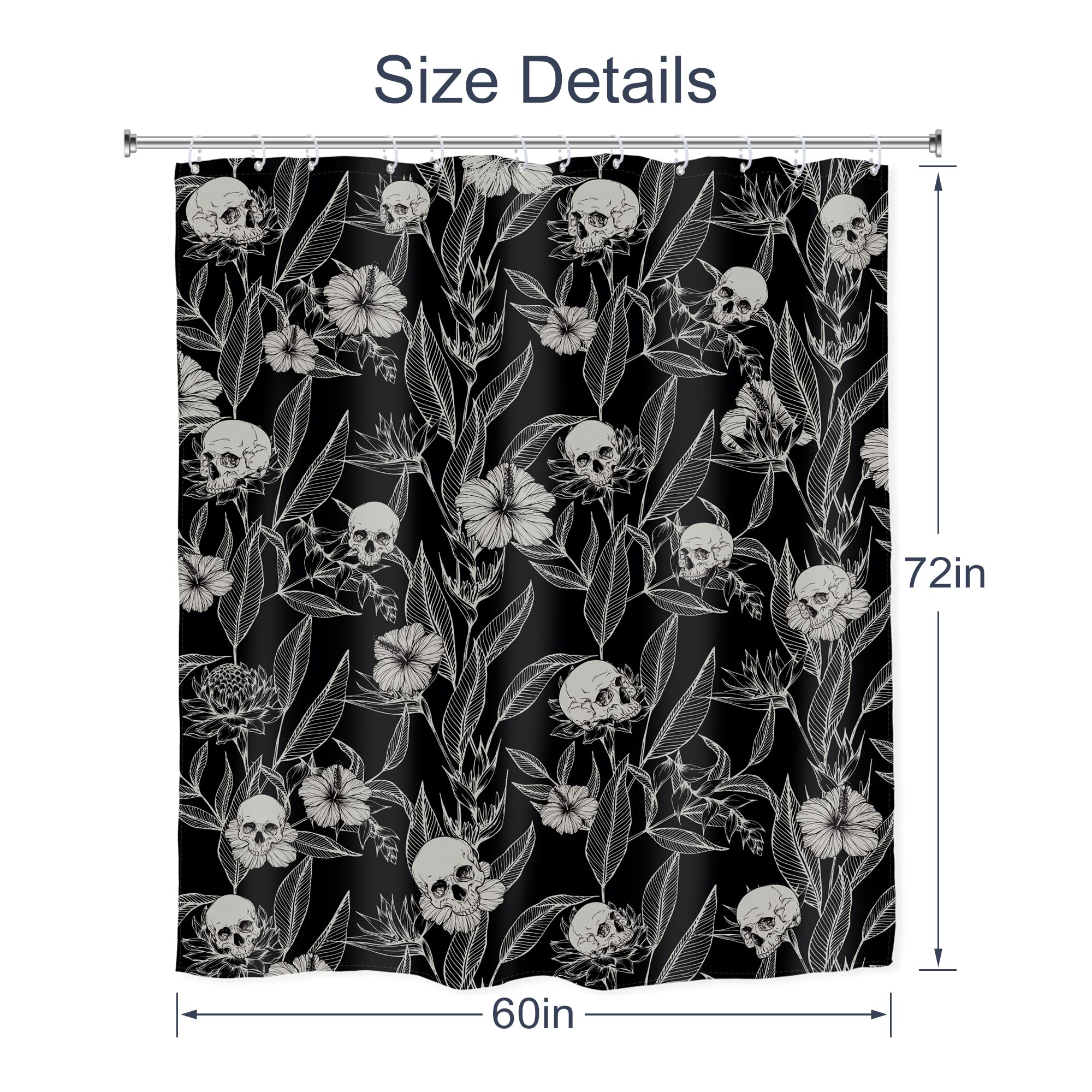 Ambzek Gothic Skull Floral Shower Curtain 60Wx72L Inch Men Goth Skeleton Spooky Sugar Skull Flower Leaves Cool Halloween Artwork