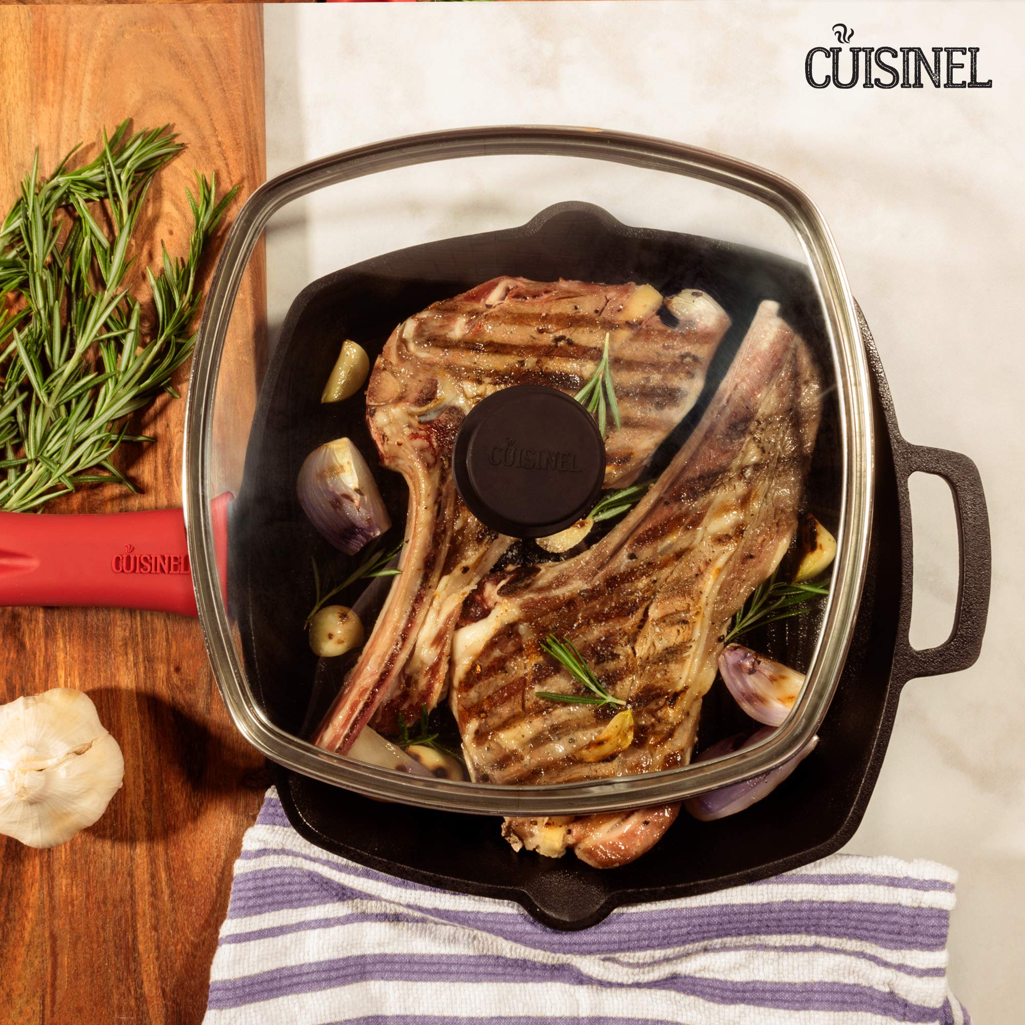 Cuisinel Cast Iron Square Grill Pan + Glass Lid + Pan Scraper + Handle Cover - 10.5'' Pre-Seasoned Ridged Skillet - Grill, Stove
