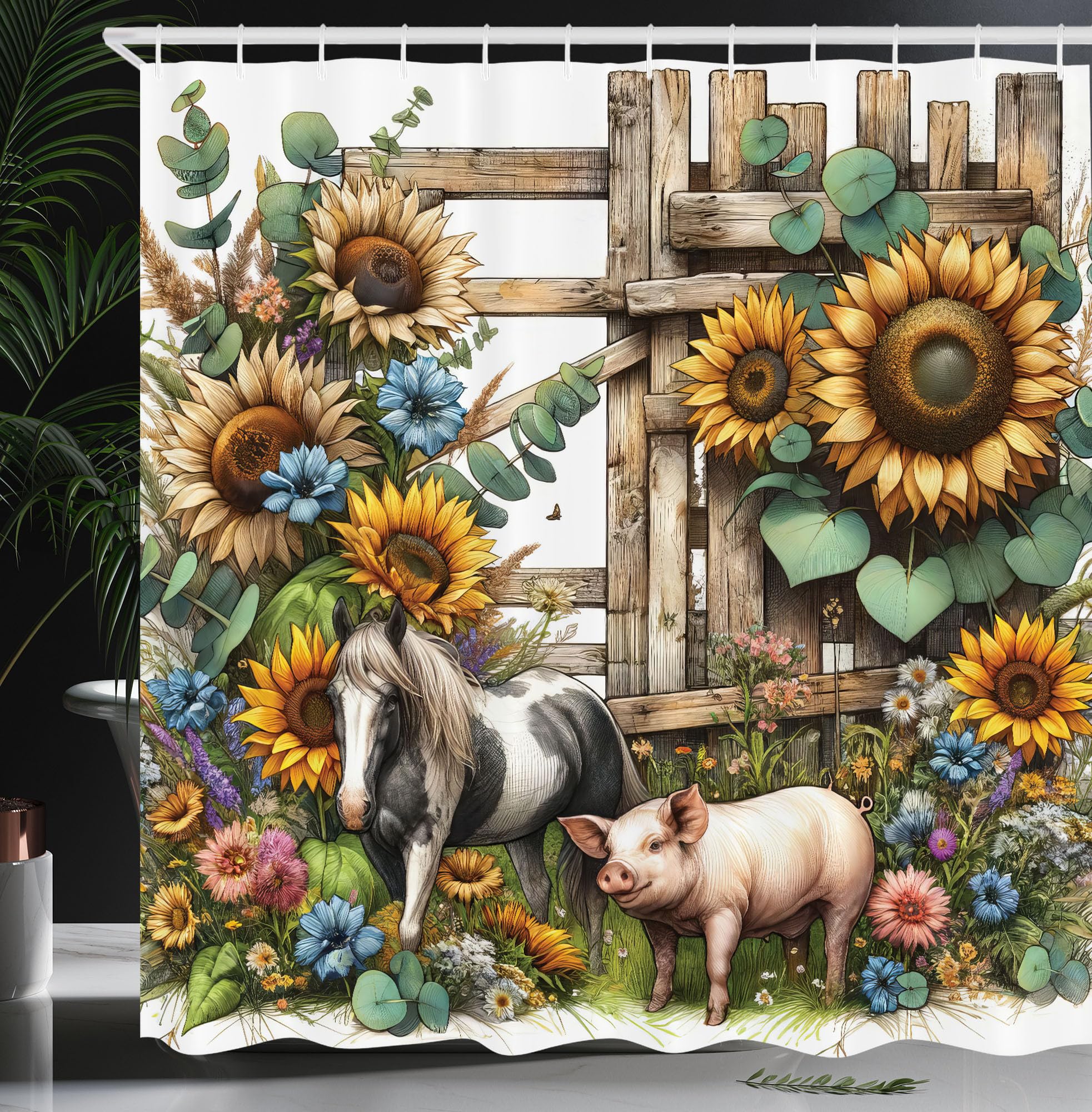 Ambesonne Rustic Shower Curtain, Vintage Farmhouse Theme With Sunflowers Pony Horse And Pig Colorful Garden, Cloth Fabric Bathro