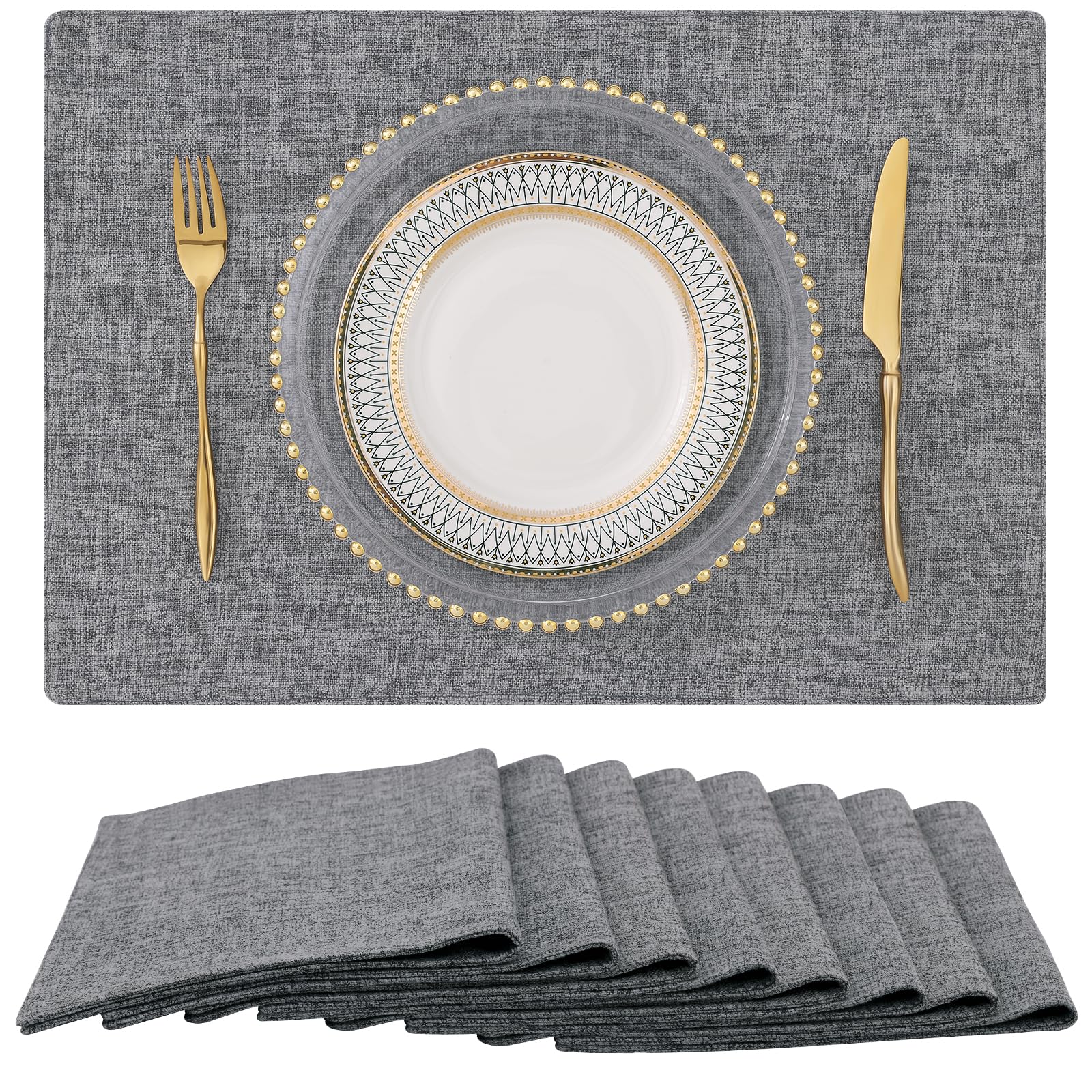 Homing Dark Grey Cloth Placemats For Dining Table Set Of 8 - Cotton Linen Blend Washable Farmhouse Kitchen Mats For Indoors & Ou