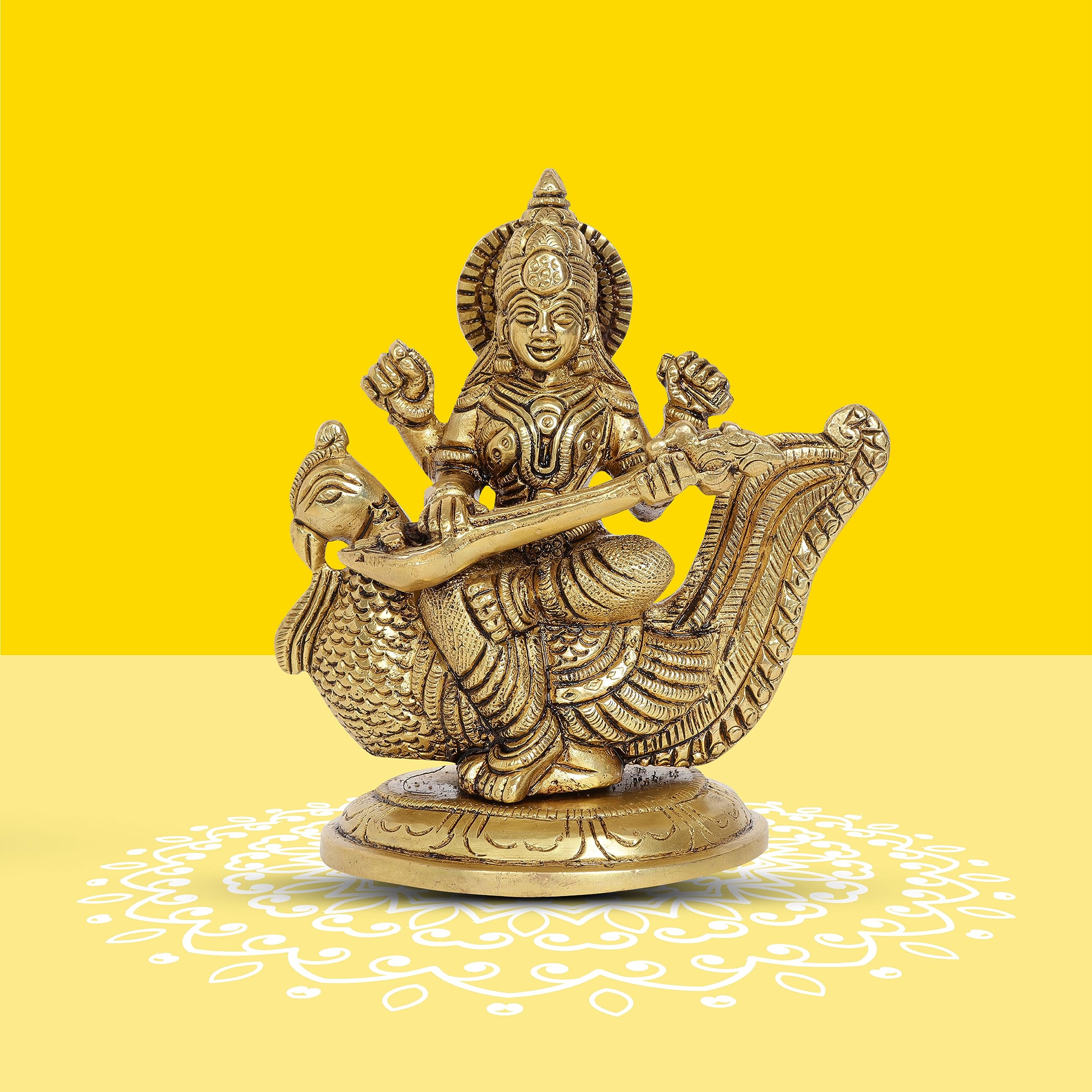 10Club Goddess Saraswati Idol - 1Pc (11.5 cm, 850 Grams) - 100% Pure Brass | Saraswati Sitting on a Peacock for Desk, Pooja, Hom