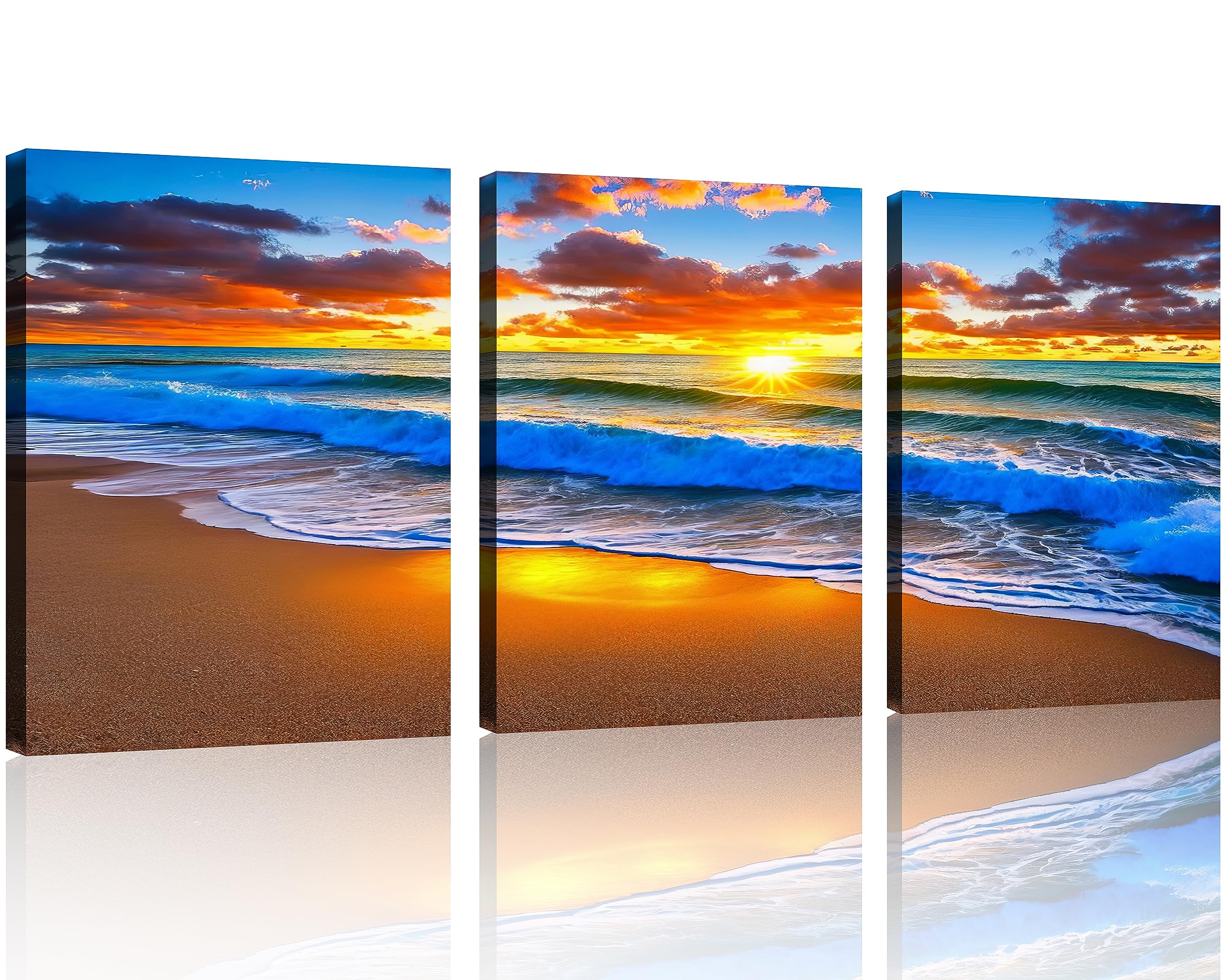 Tutubeer 3 Pcs Ocean Wall Art - Beach Sunrise Picture Print On Canvas - Stretched And Framed 12 X 16 X 3