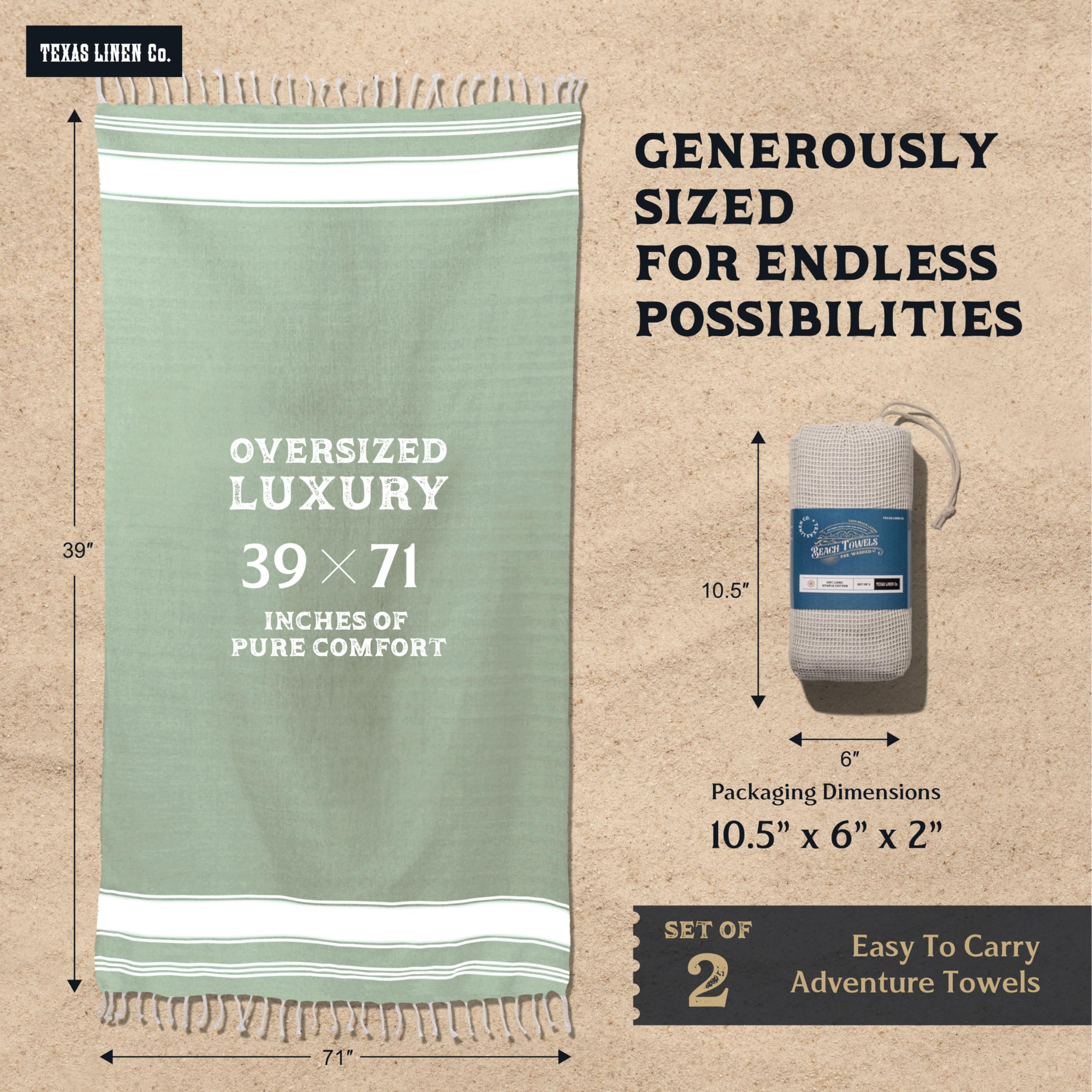 Texas Linen Co. Turkish Cotton Beach Towels 2 Pack - 39'' X 71'' Quick Dry Sand Free Beach Towels For Adults - Oversized, Lightw