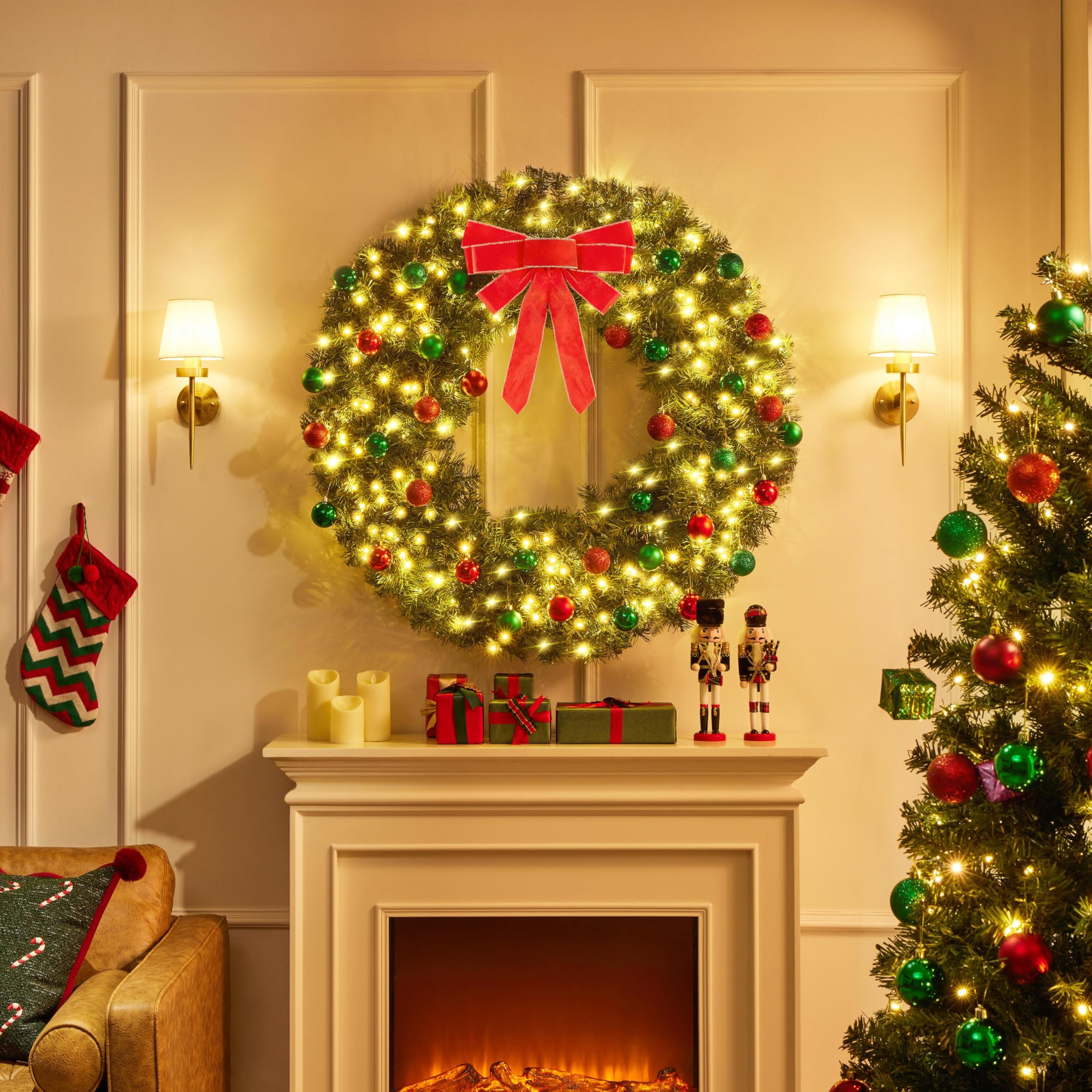 Yaheetech 48in Large Artificial Christmas Wreath, Pre-lit Holiday Accent Decoration with Red Bow, 200 LED Lights & 720 PVC Tips,