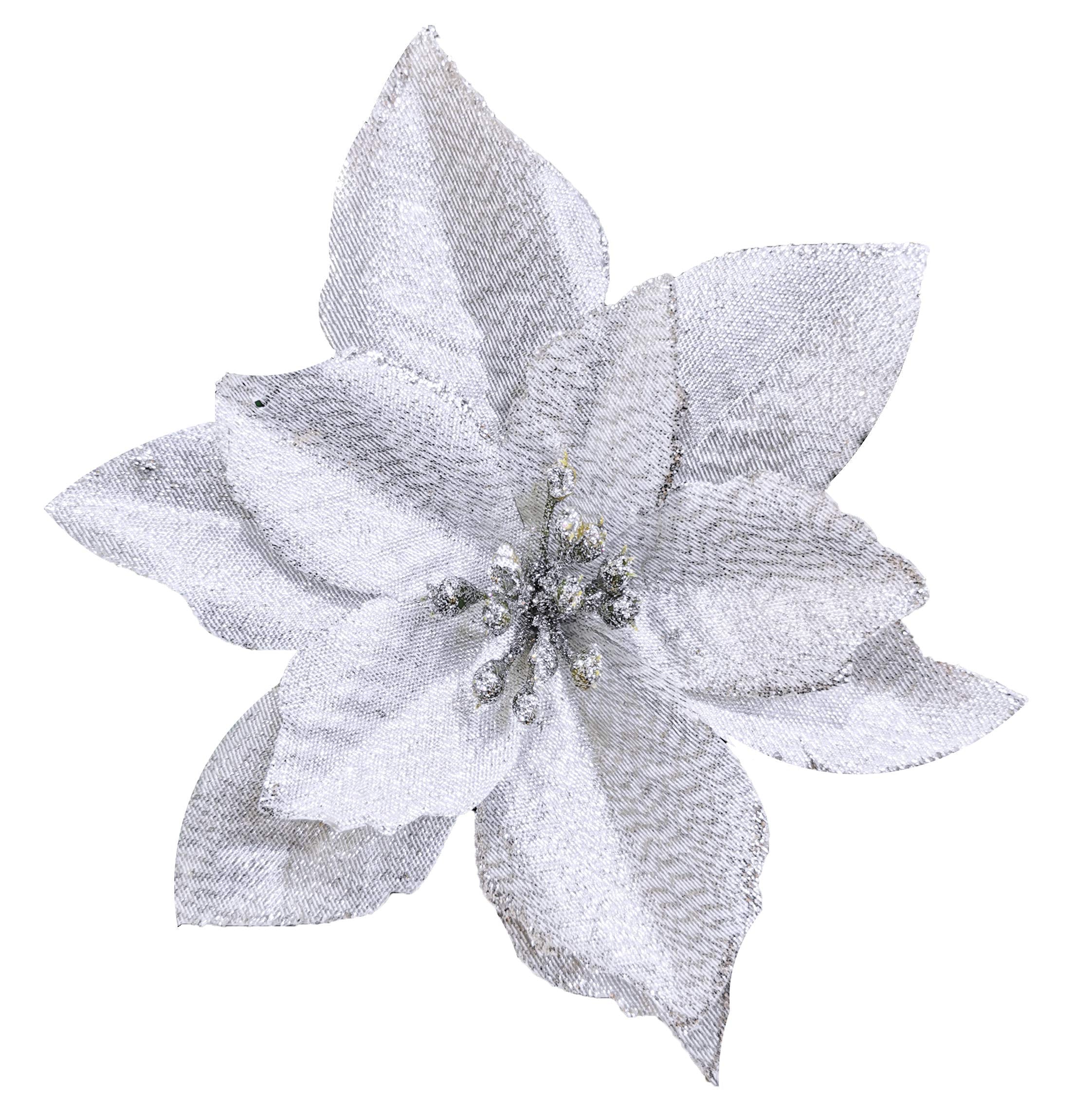 Winlyn 24 Set Christmas Silver Glitter Poinsettia Flower Picks Christmas Tree Ornaments for White Silver Christmas Tree Wreaths 