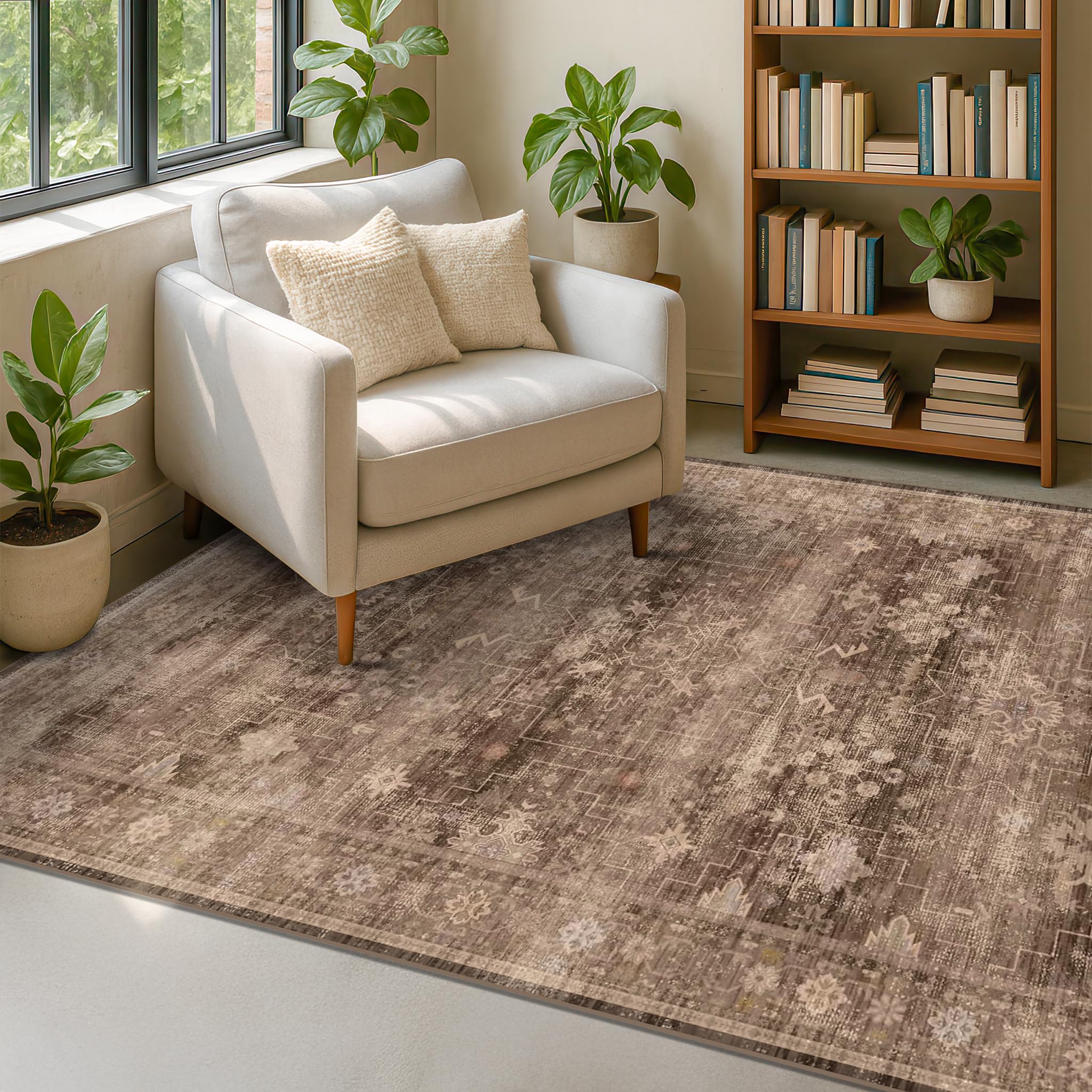 Hazo Haus Boho Brown Living Room Rug 6x8 - Modern Vintage Traditional Oriental Taupe Neutral, Washable Low Pile Non-Slip Extra L