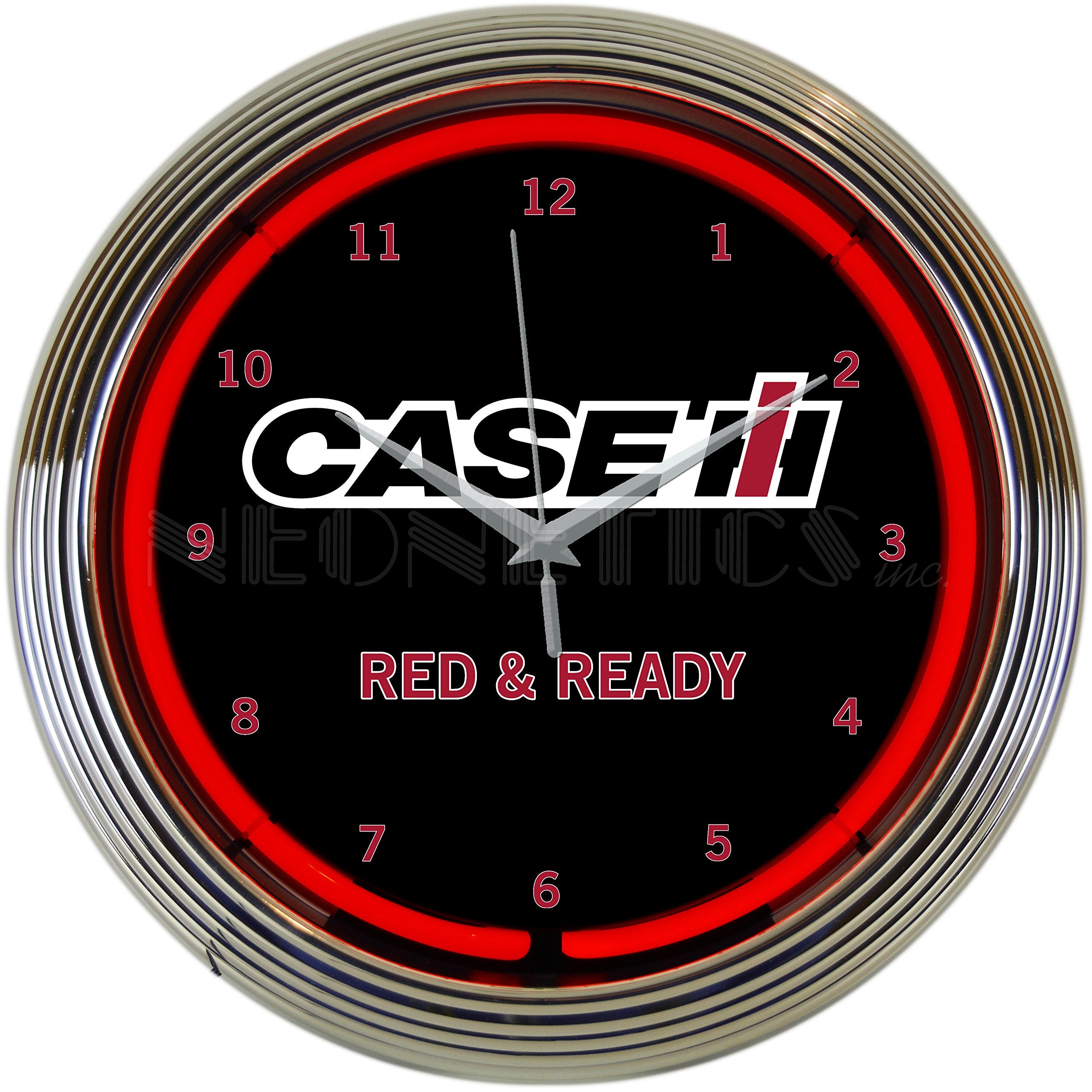 Case IH International Harvester Red and Ready Neon Clock 15 Inch Diameter with Chrome Rim and Red Neon - 8CASEC