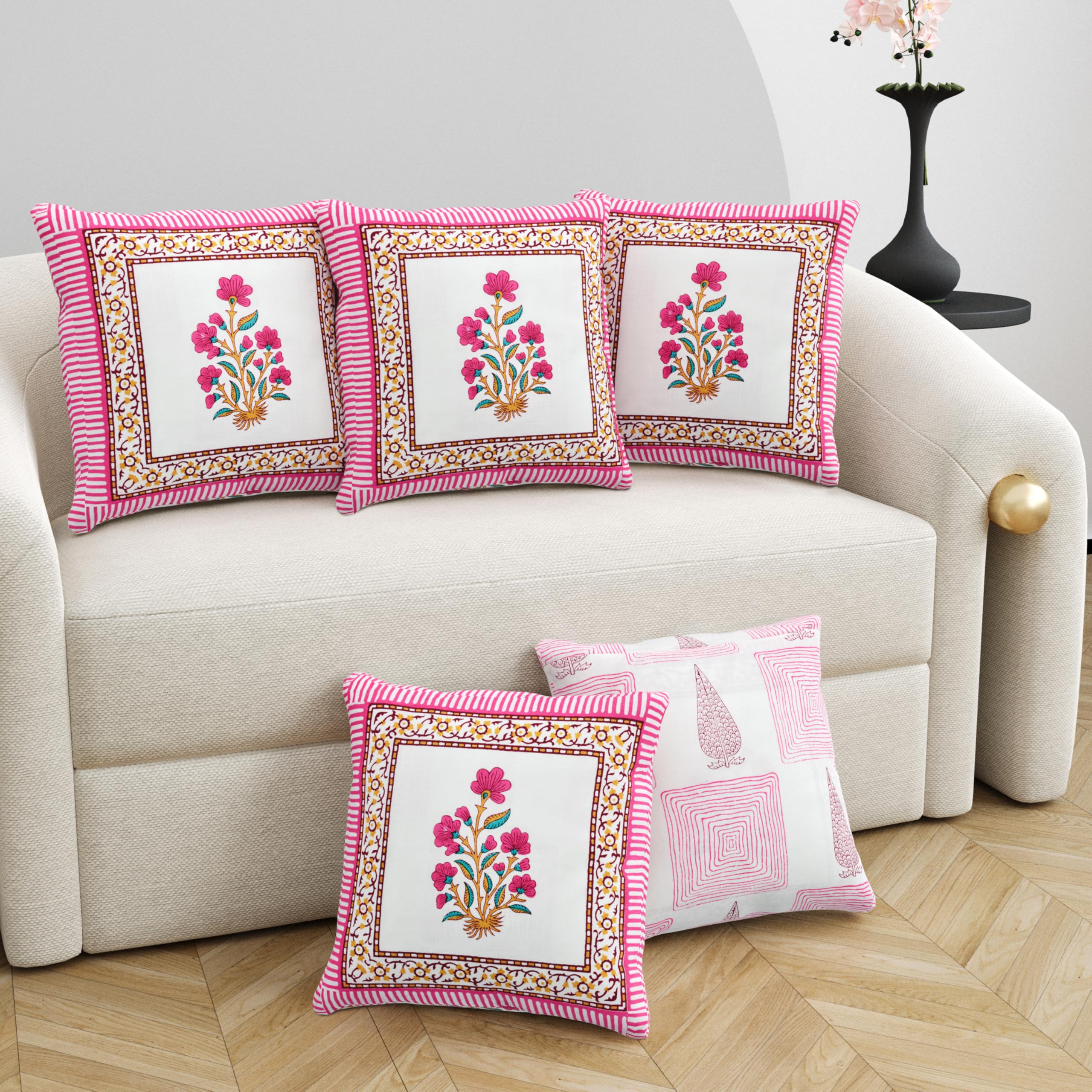 Blocks Of India Hand Block Printed Cotton Cushion Cover (16 X 16 Inches) (5, Gulabi Rose)