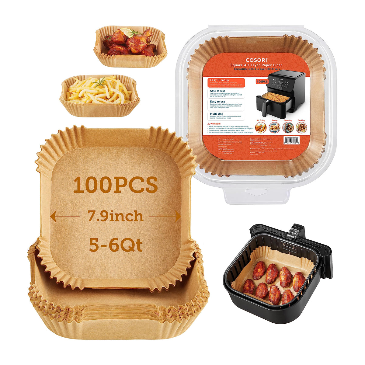 Cosori Air Fryer Liners, 100 Pcs Square Disposable Paper Liners, Non-Stick Silicone Oil Coating, Little To No Cleaning, 7.9'' Un