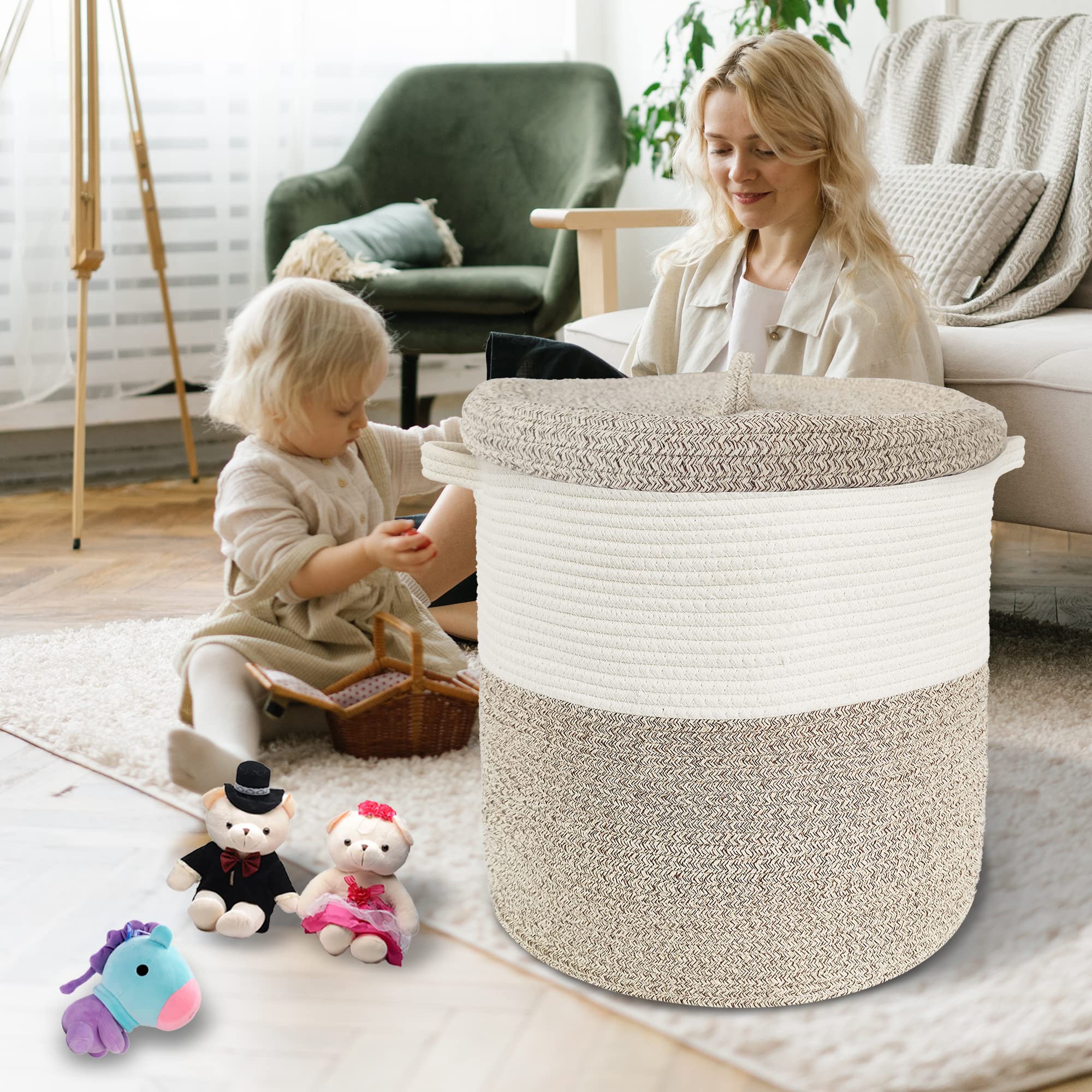 Large Storage Basket With Lid 60L, 16Wx18H Woven Laundry Hamper Basket With Handle, Room Decor Cotton Rope Wicker Basket Toy Org