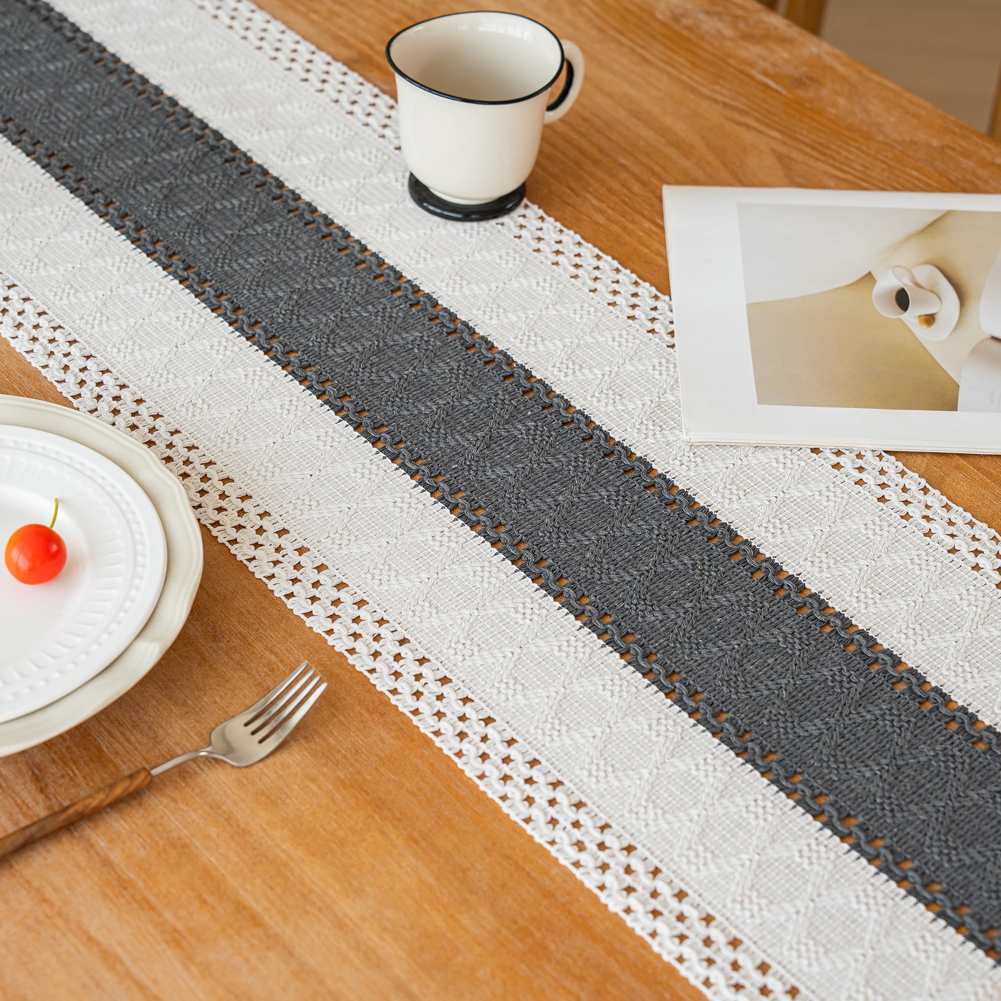 FEXIA Boho Table Runner for Home Decor with Tassels 36 Inches Long,Grey Farmhouse Rustic Table Runner Macrame Burlap Table Decor