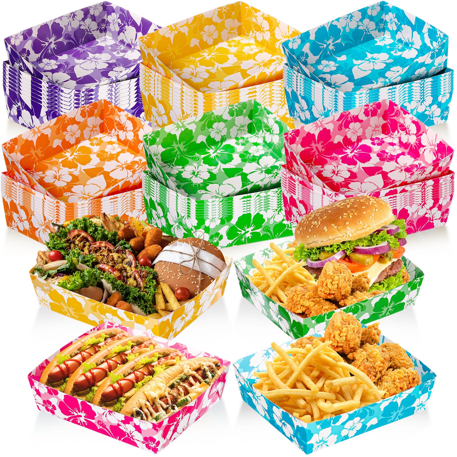 Nitial 48 Pcs Hibiscus Party Paper Food Trays Disposable Luau Party Food Boats Hawaiian Themed Party Decorations 5 Lb Hawaiian F