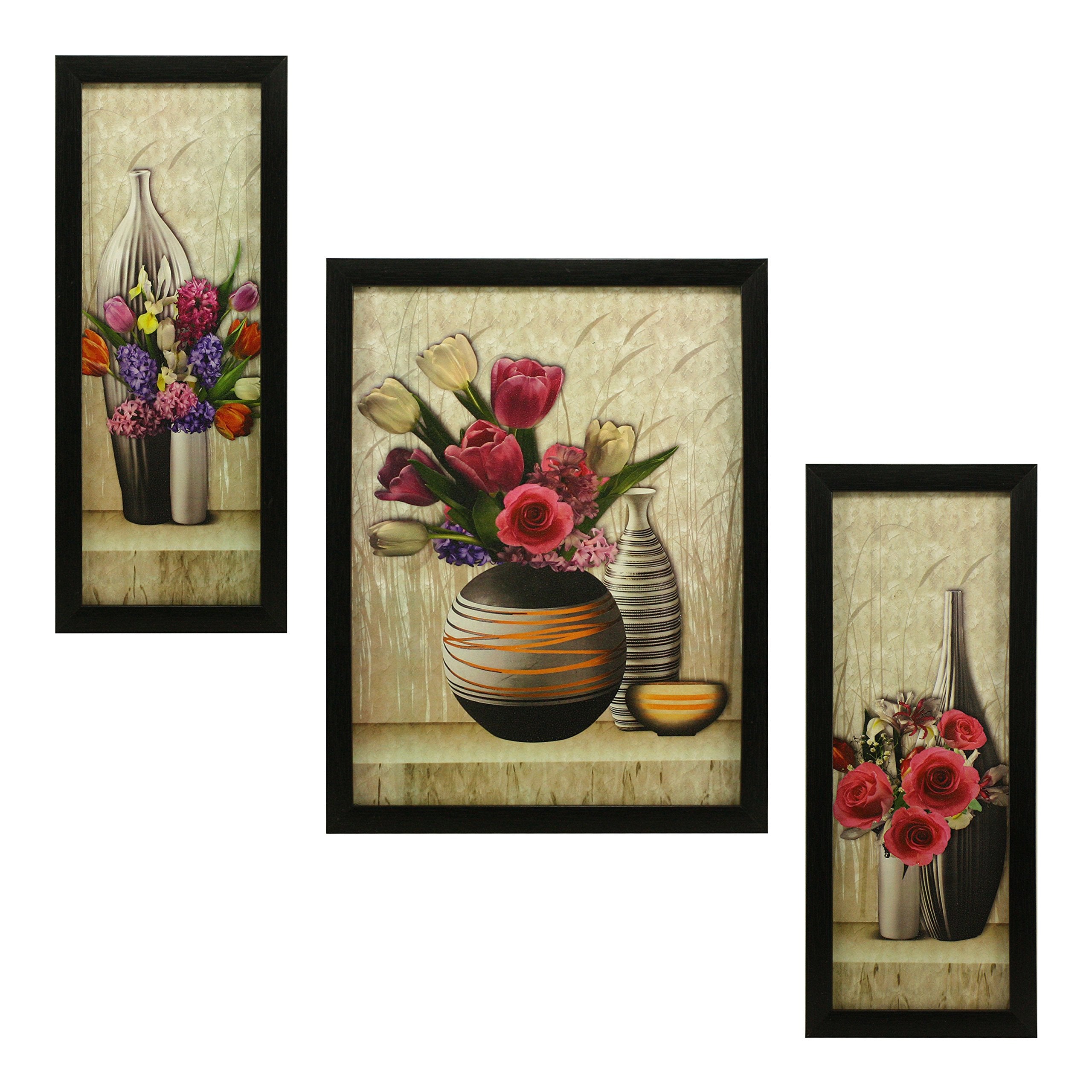 Indianara Floral Rectangular Synthetic Wood Art Painting (35 Cm X 28 Cm X 3 Cm, Set Of 3, Indr1056)