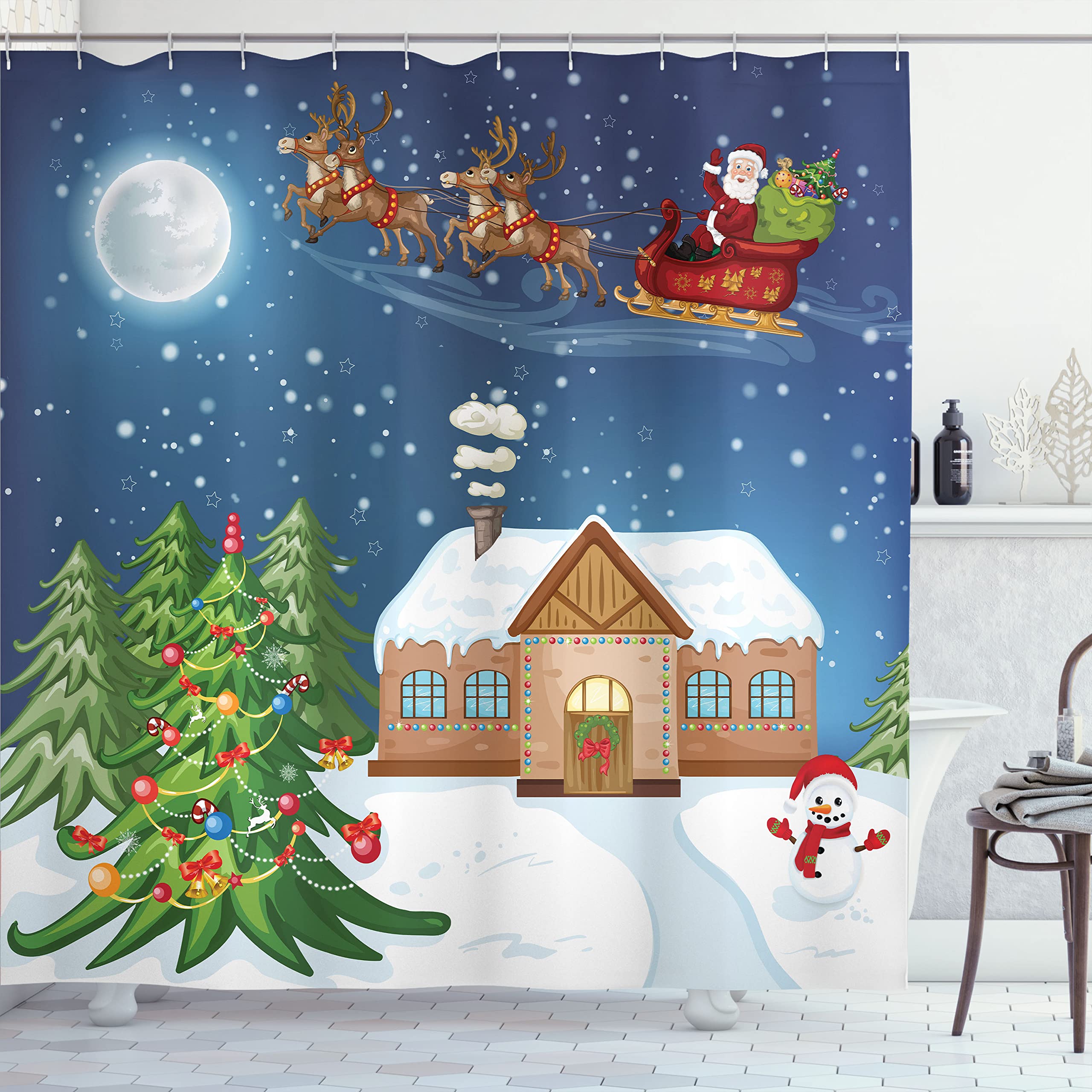 Ambesonne Christmas Shower Curtain, Classical Xmas Scenery Santa Delivering Presents Rudolf The Red Nosed Reindeer, Cloth Fabric