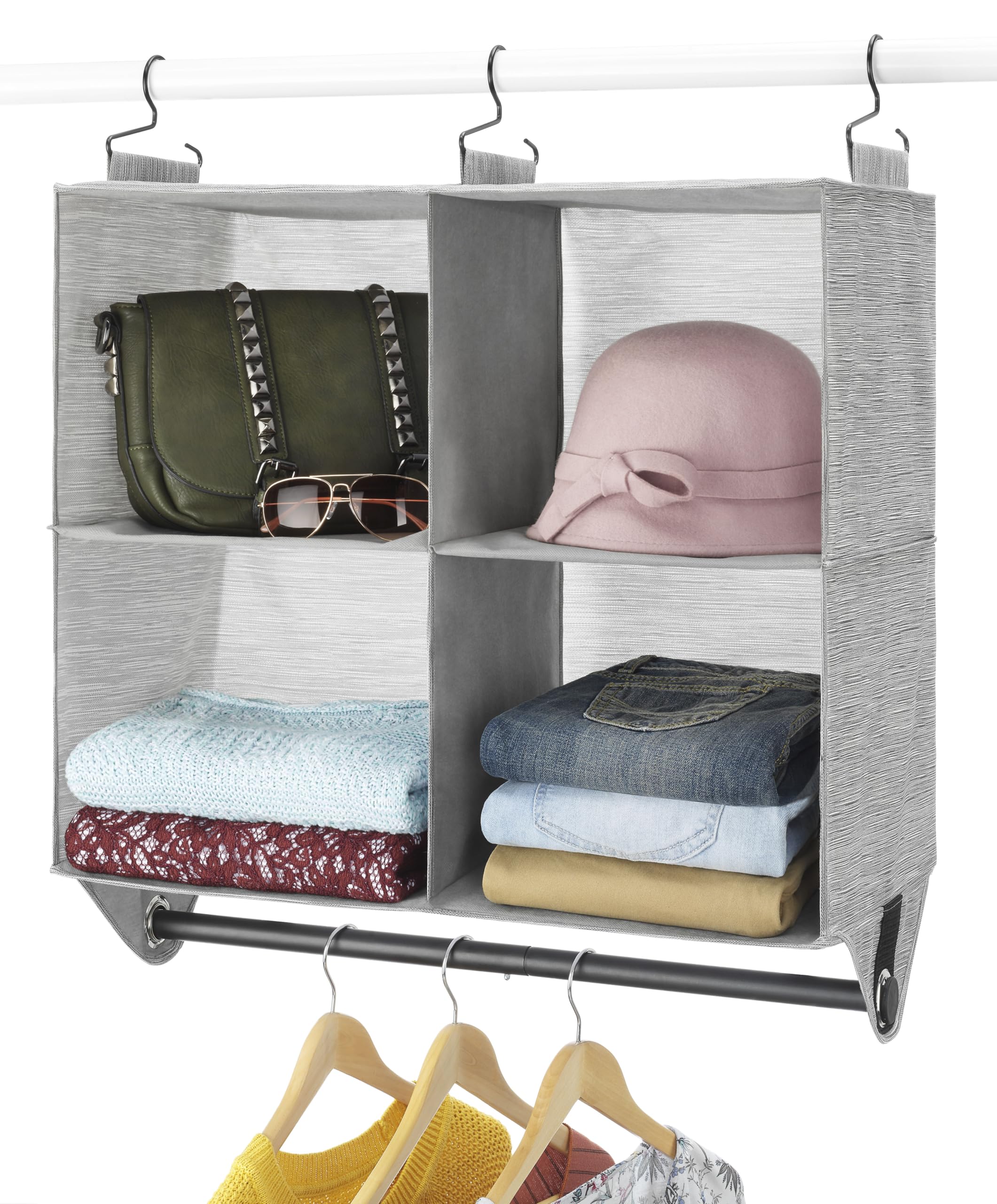 Whitmor Hanging Closet Organizer - 4 Section Closet Organizer With Garment Rod - Space-Dyed Grey