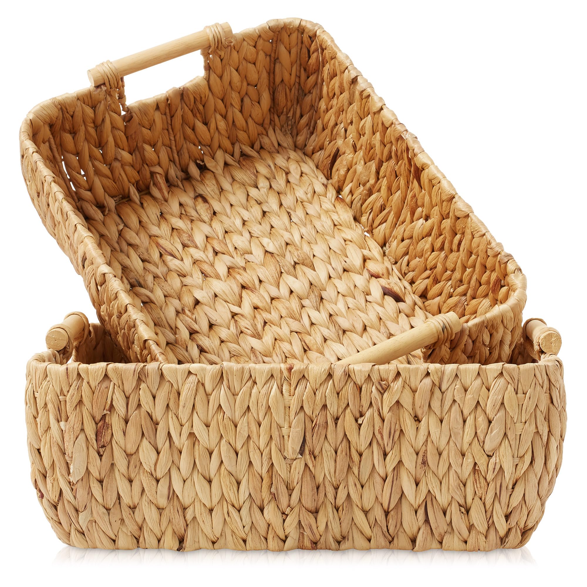Casafield Set Of 2 Water Hyacinth Oval Storage Baskets With Wooden Handles - Large, Woven Bin Organizers
