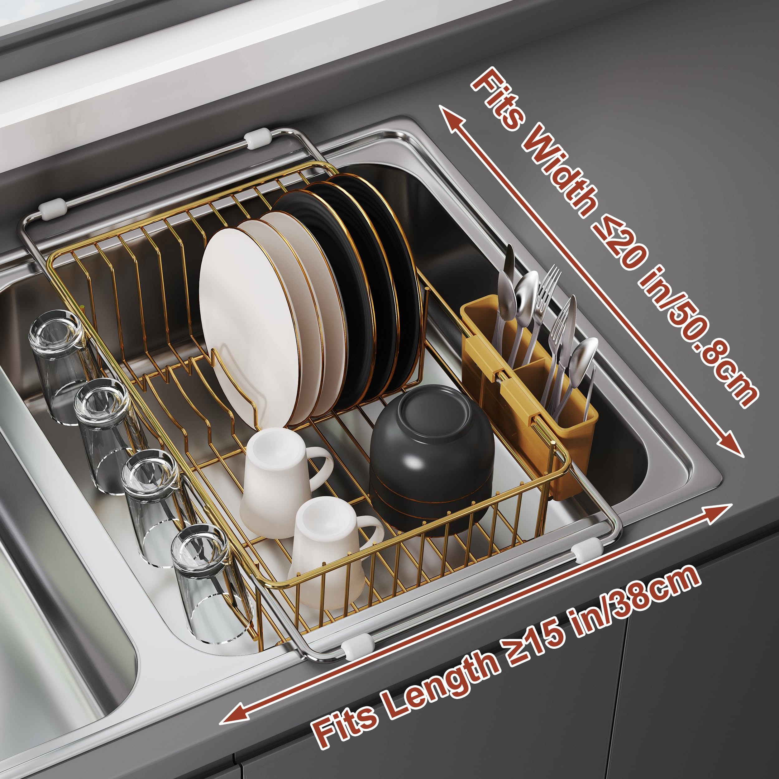 JASIWAY Sink Dish Drying Rack, Expandable Stainless Steel Dish Rack Over Sink, Kitchen Sink Drain Strainer with Cutlery Holder &