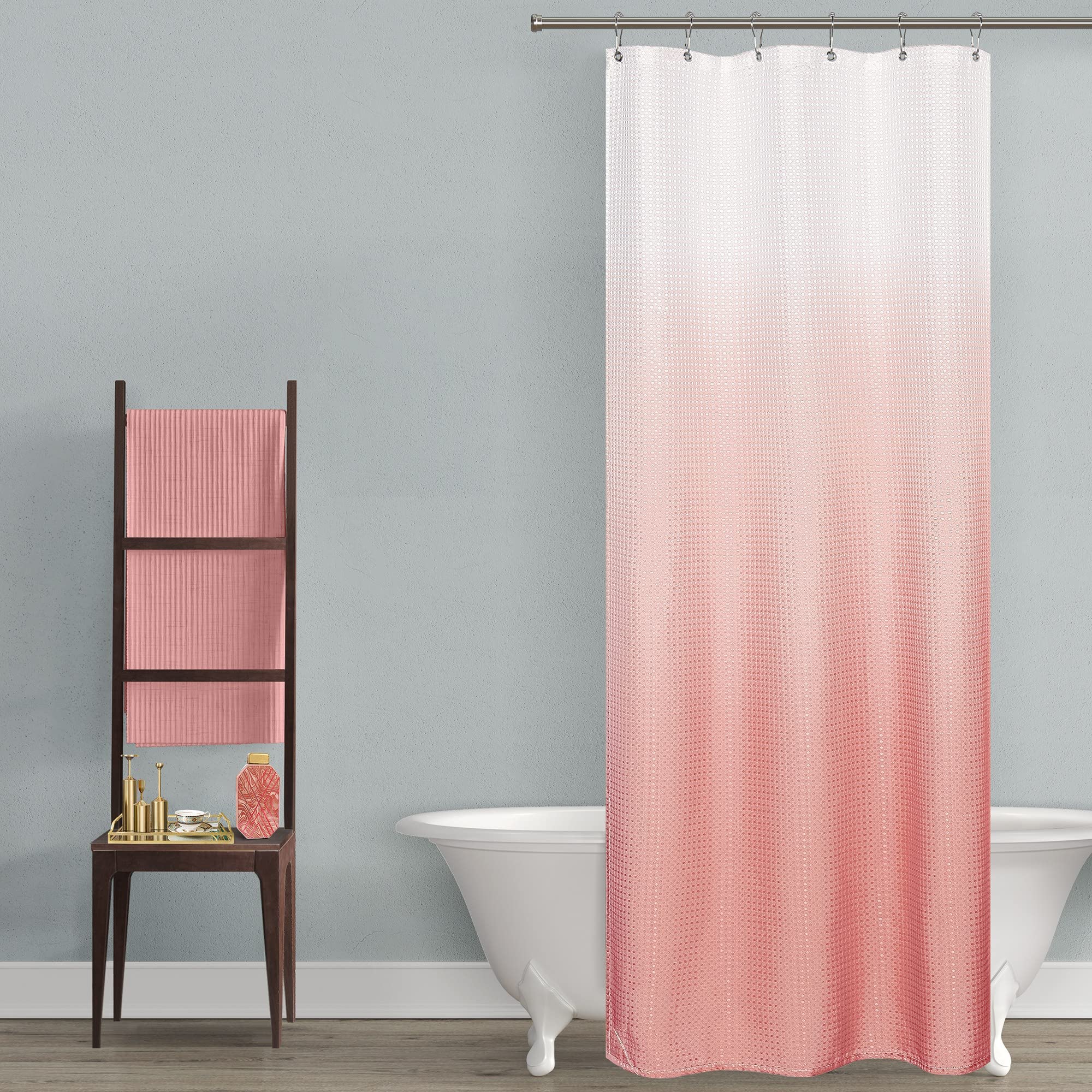 Pink Dorm Shower Curtain For Girls,Ombre Designs Waffle Weave Waterproof Fabric Shower Curtian Liner With Hooks Set For Small St