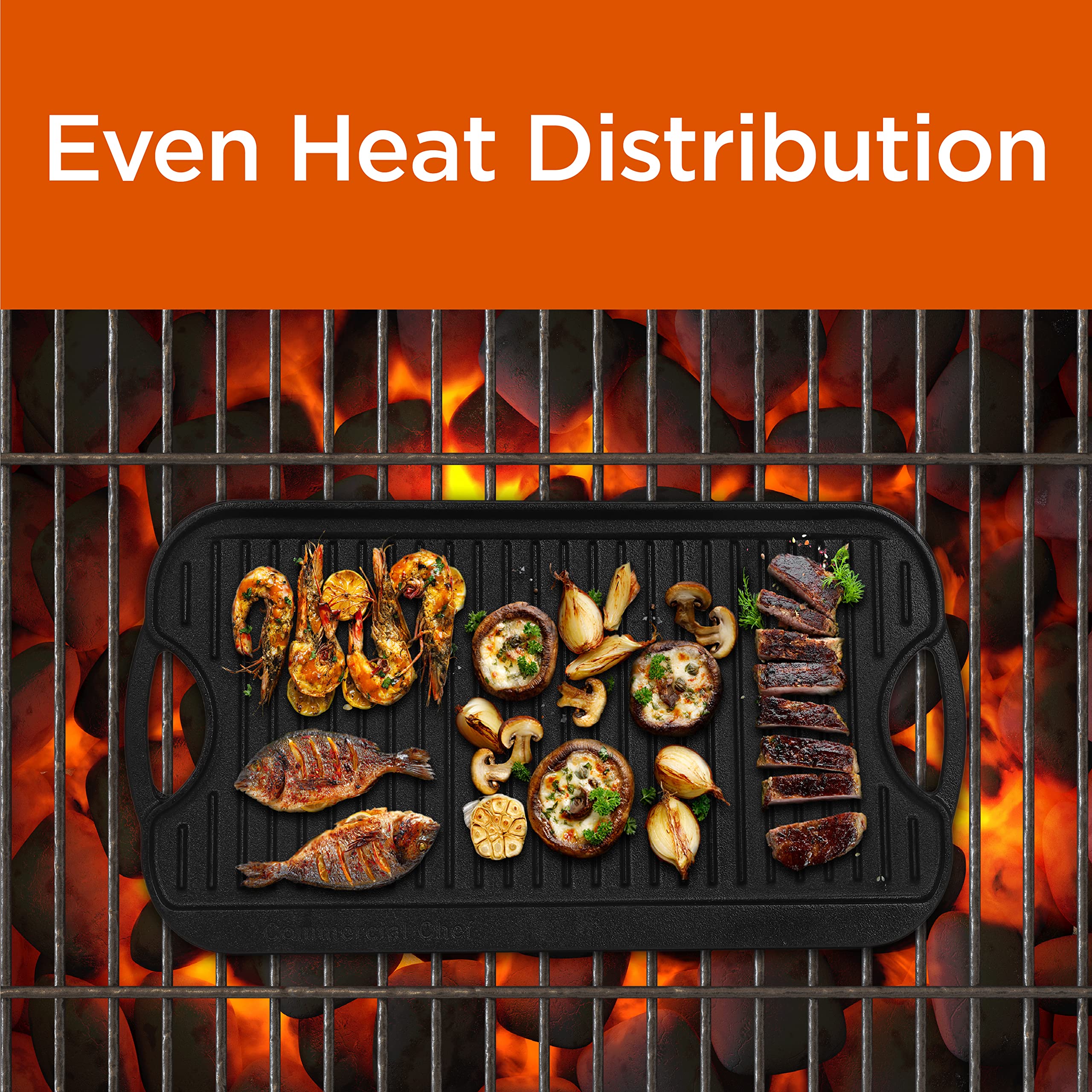 Commercial Chef Cast Iron Griddle, Reversible Grill Griddle With Dual Handles For Stove, Oven And Outdoors