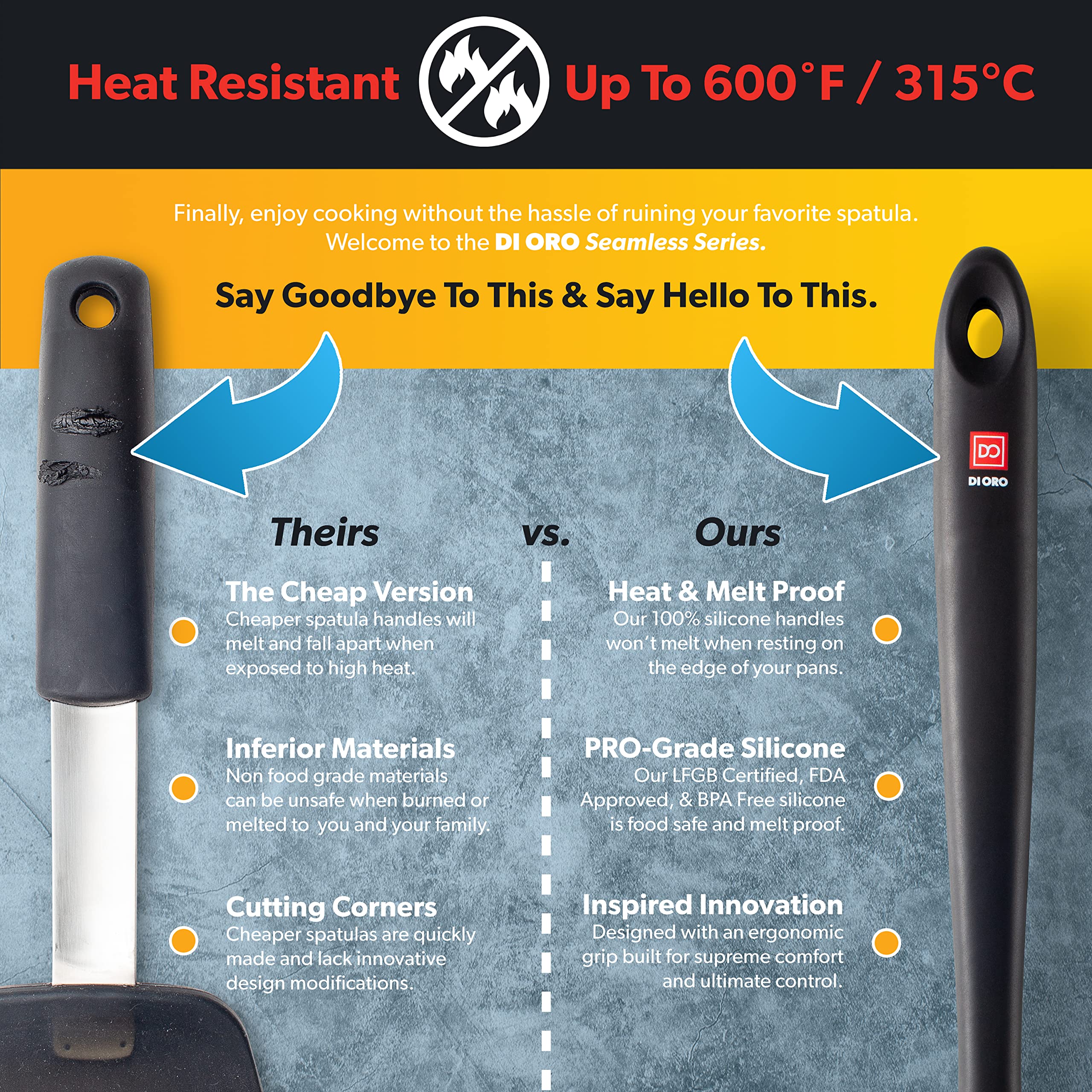 Di Oro Cooking Spoon - Solid Silicone Spoon 600F High Heat Nonstick Cookware Safe - Kitchen Spoon For Cooking & Baking - Large S